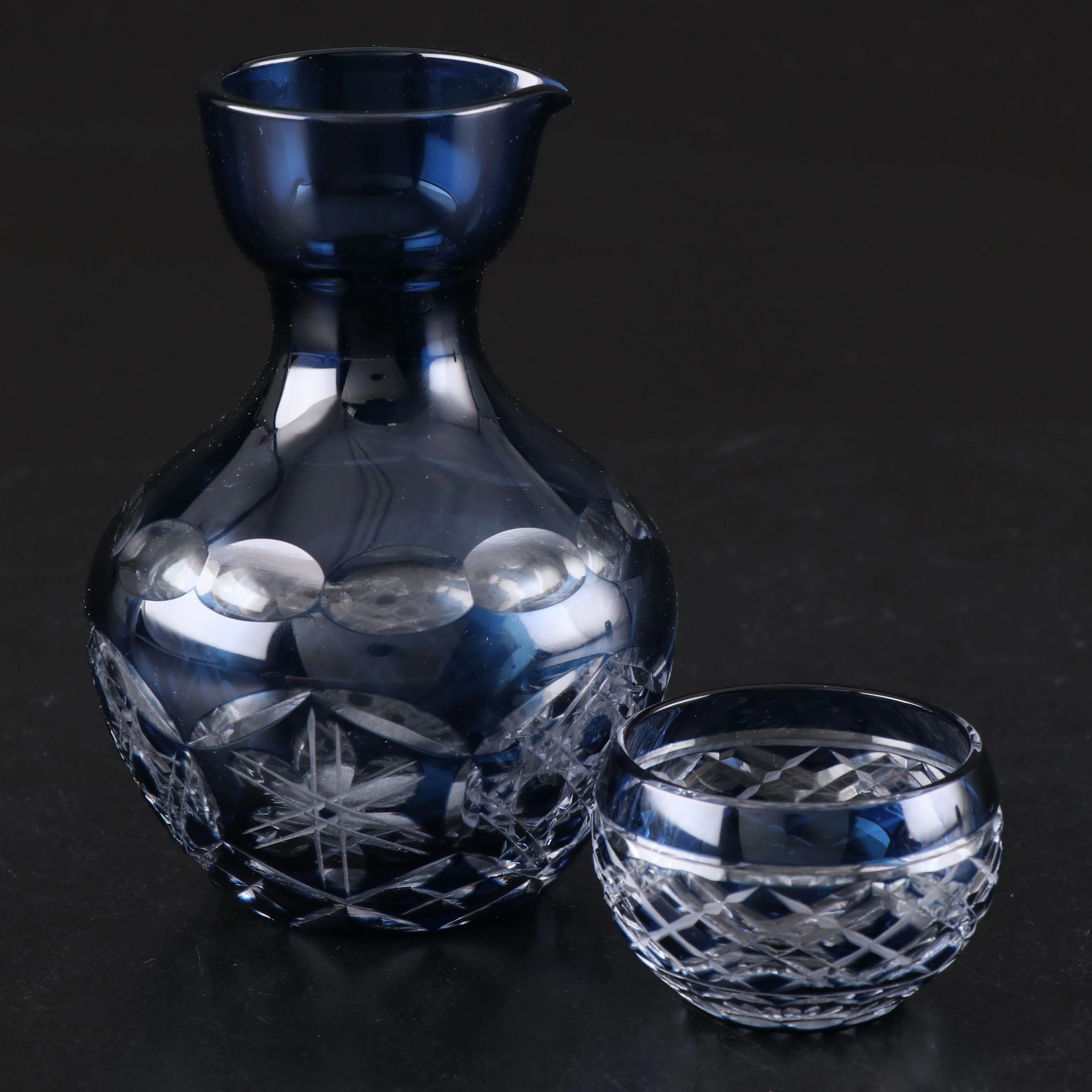 Edo Kiriko Blue Cut to Clear Glass Sake Bottle and Cup