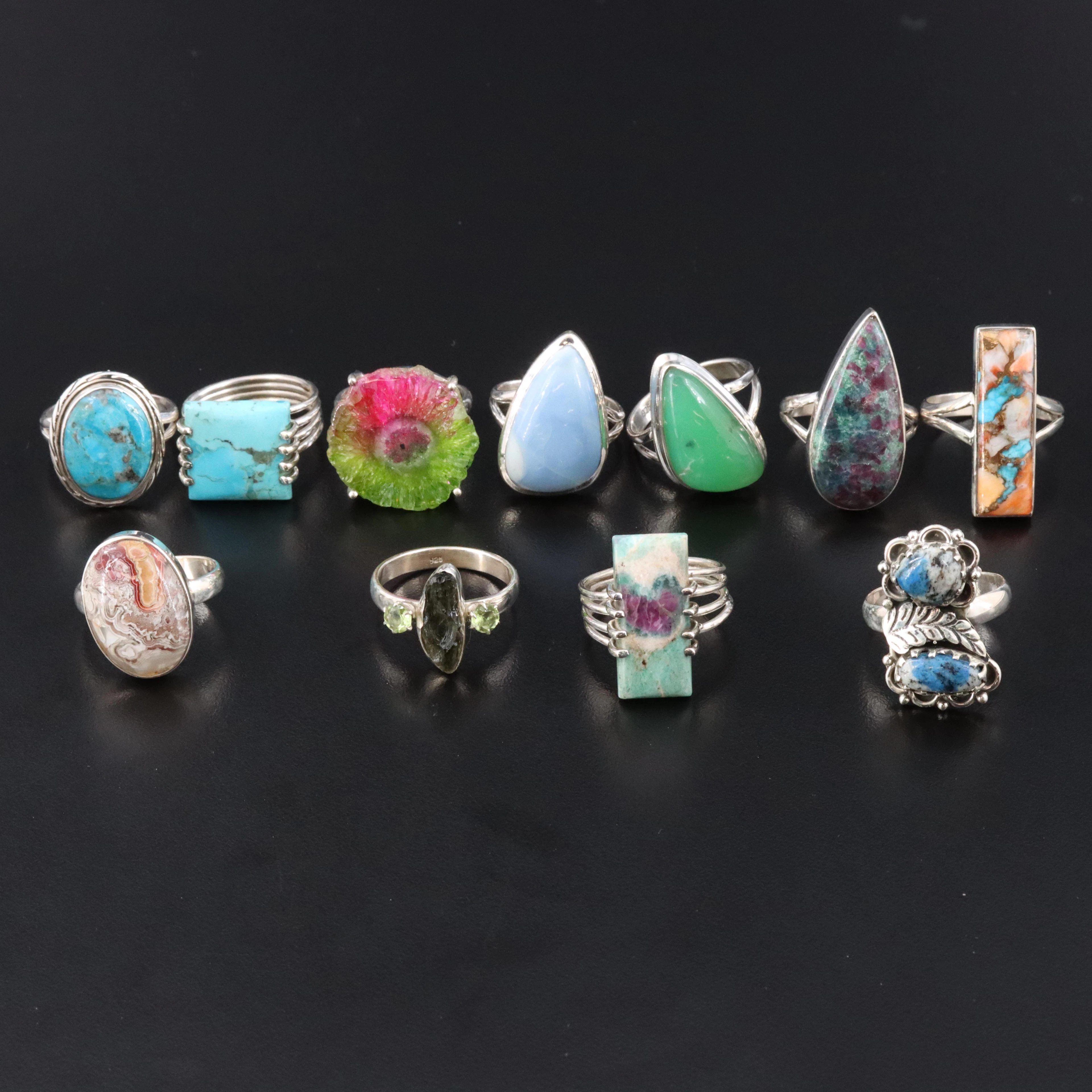 Sterling Ring Collection Including Turquoise, Agate and Prehnite