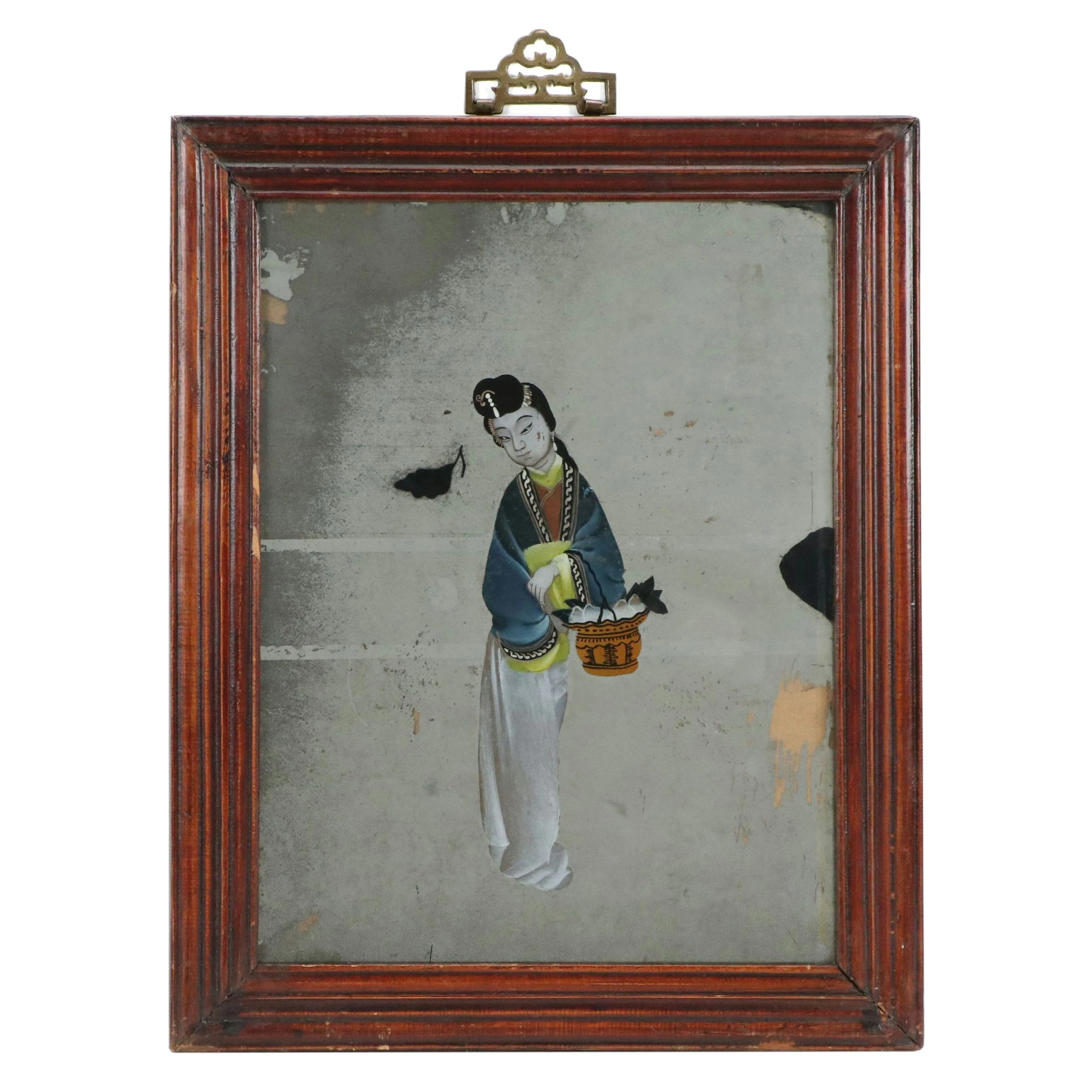 Chinese Qing Dynasty Reverse Glass Painting of Woman Holding Fish Basket