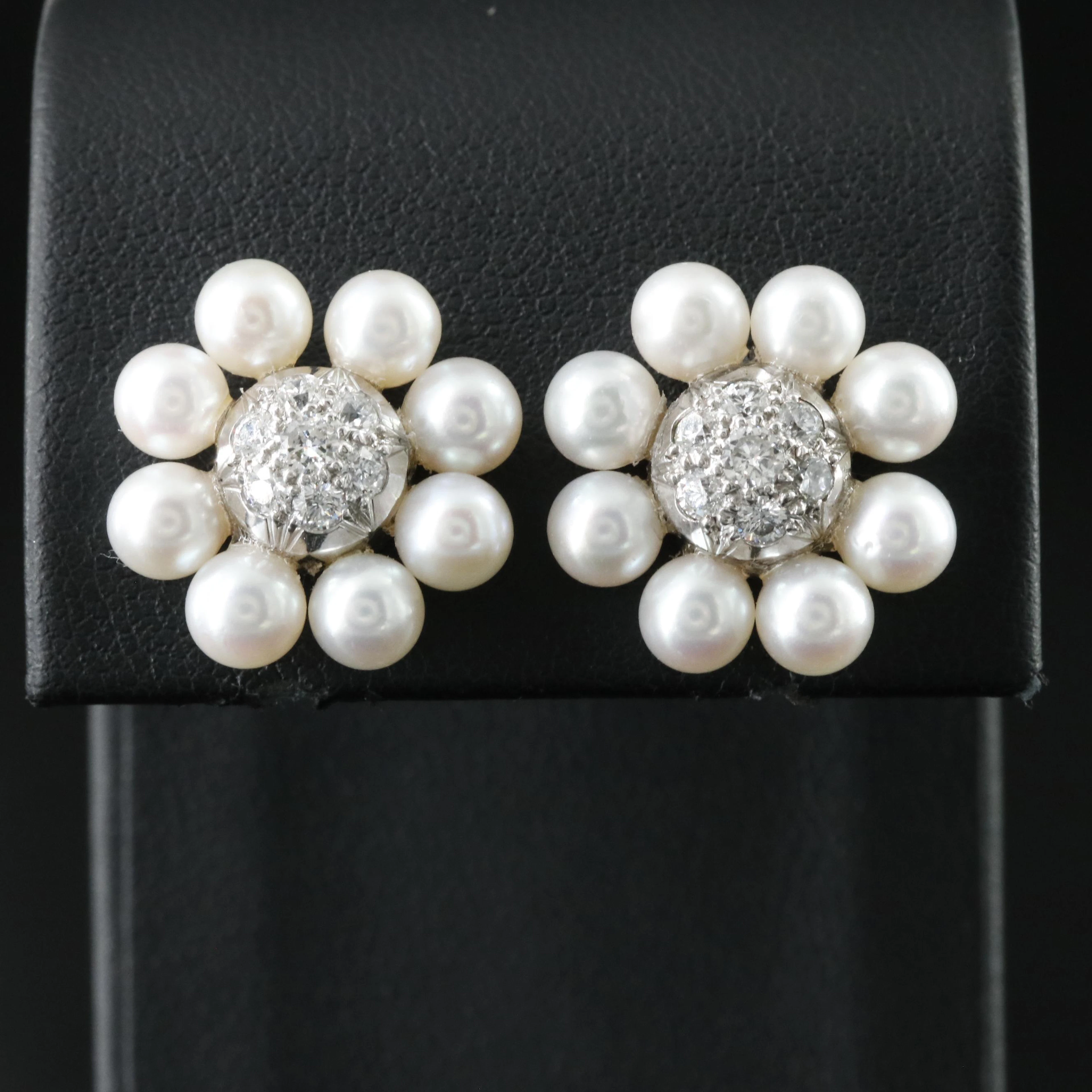 Palladium and 14K Diamond and Pearl Earrings