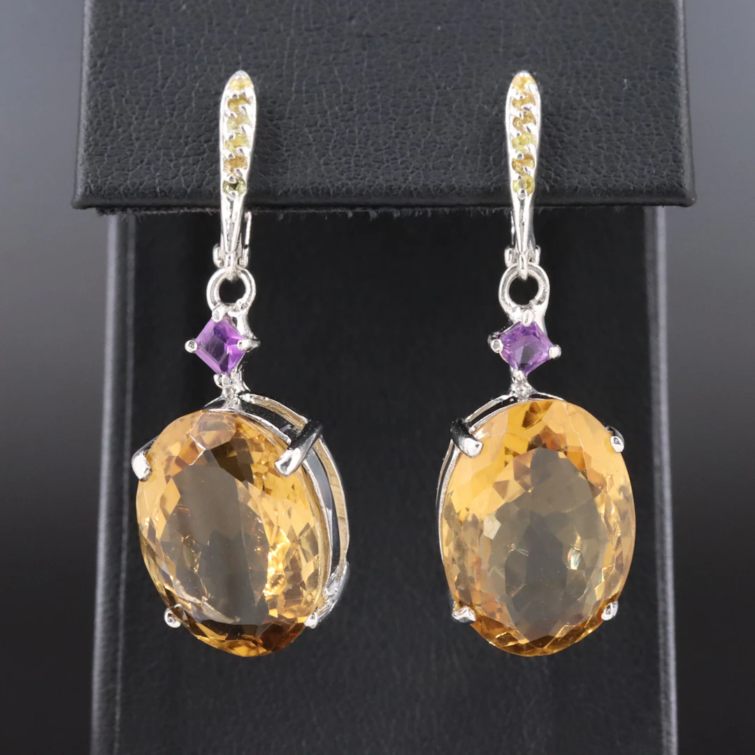 Sterling Citrine, Amethyst, and Yellow Sapphire Pendant Earrings