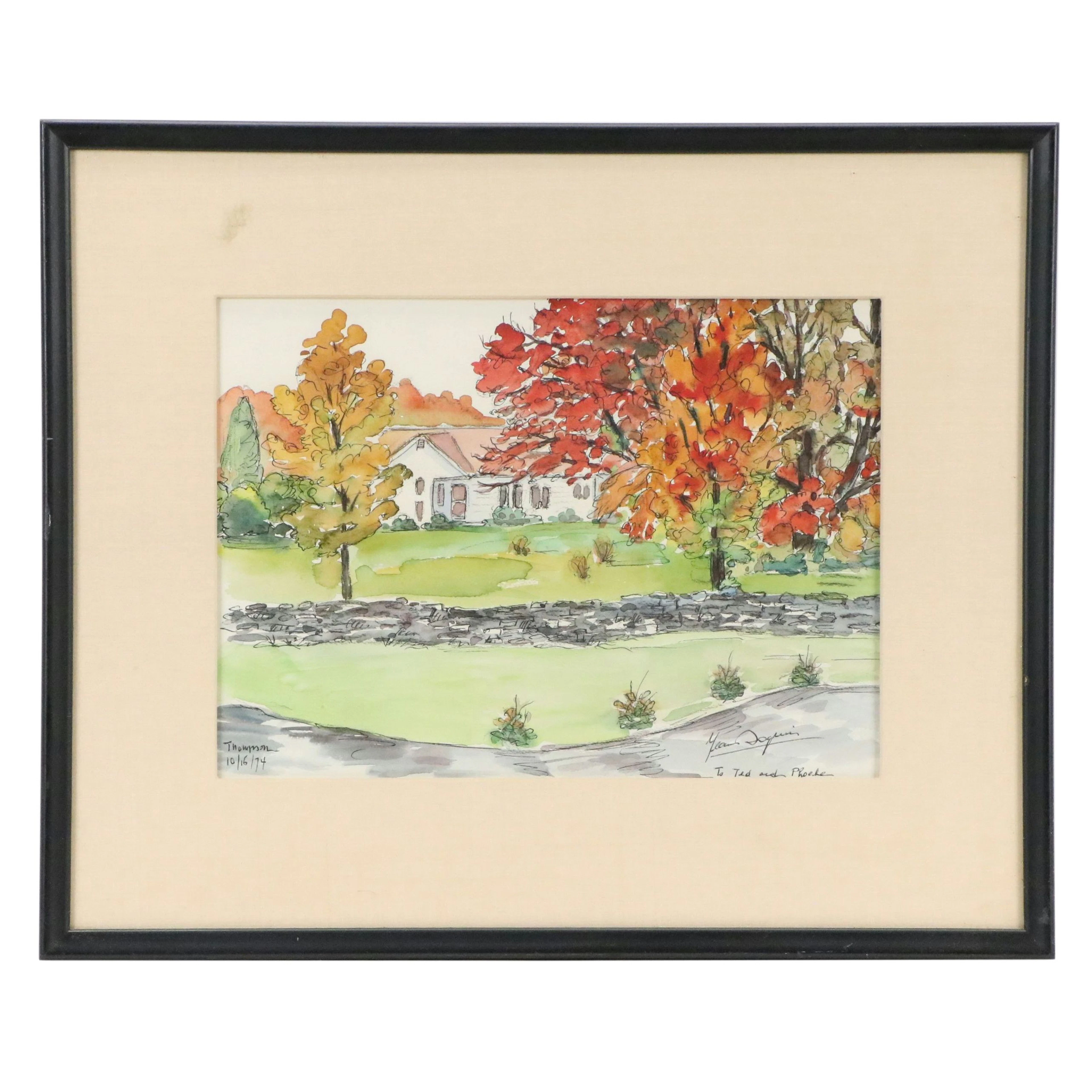 Autumn Residential Landscape Pen & Ink Drawing with Watercolor, 1974