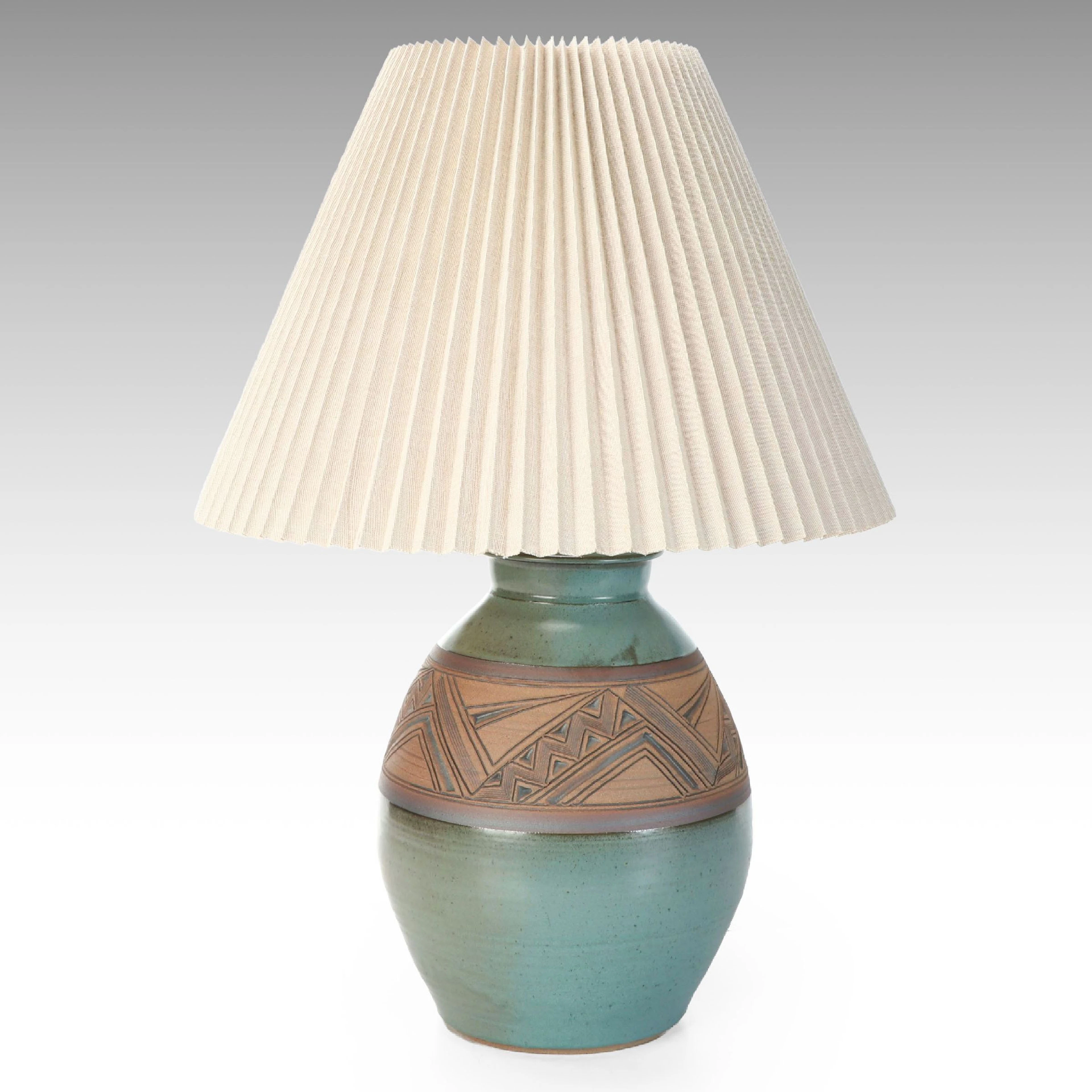 Southwestern Style Incised Stoneware Lamp with Concertina Pleated Shade