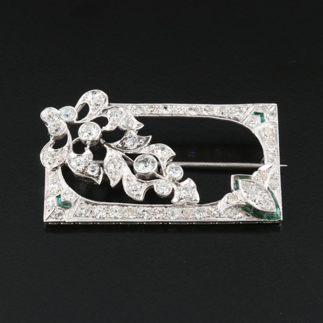 Art Deco Platinum 2.77 CTW Diamond and Glass Rectangular Spray Brooch