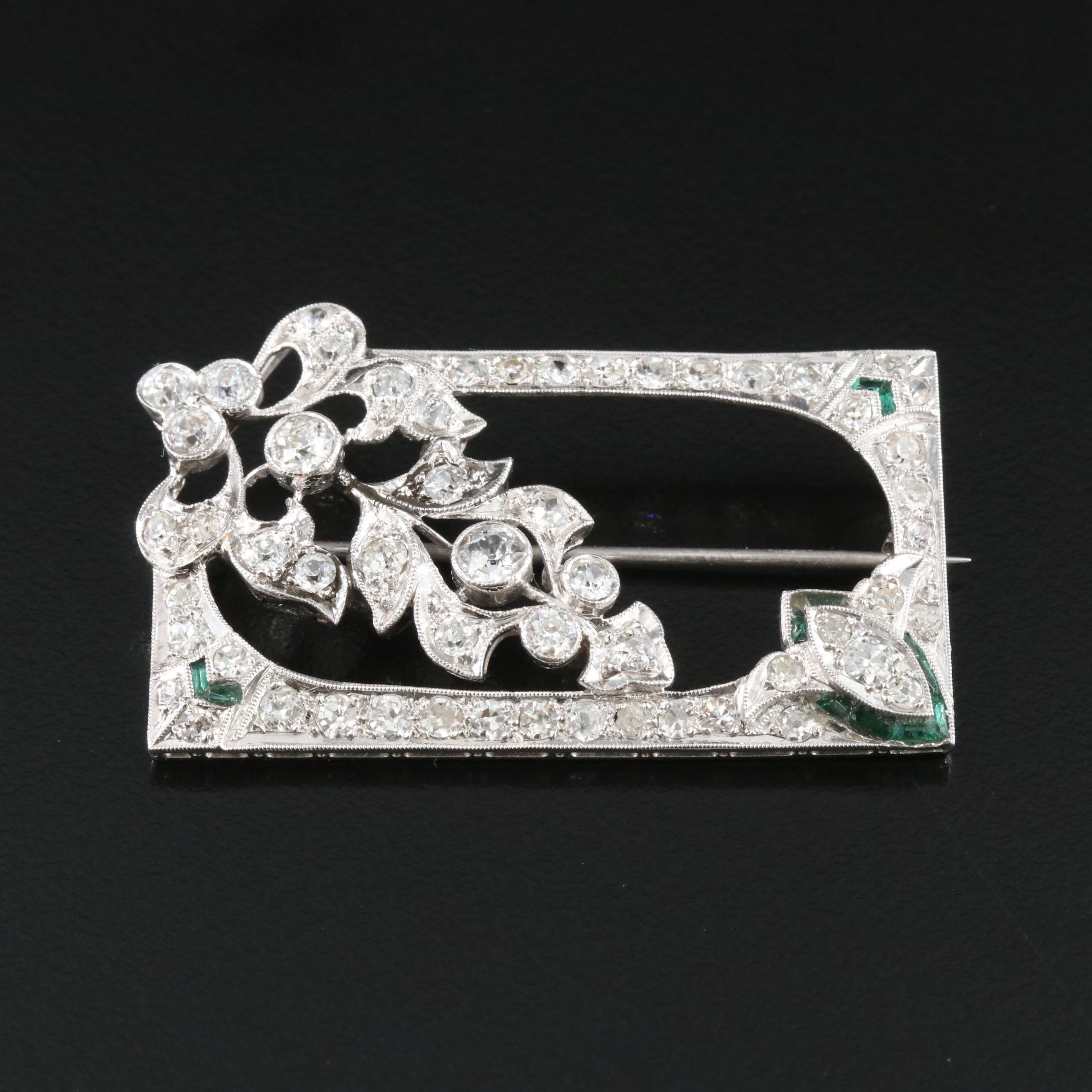 Art Deco Platinum 2.77 CTW Diamond and Glass Rectangular Spray Brooch