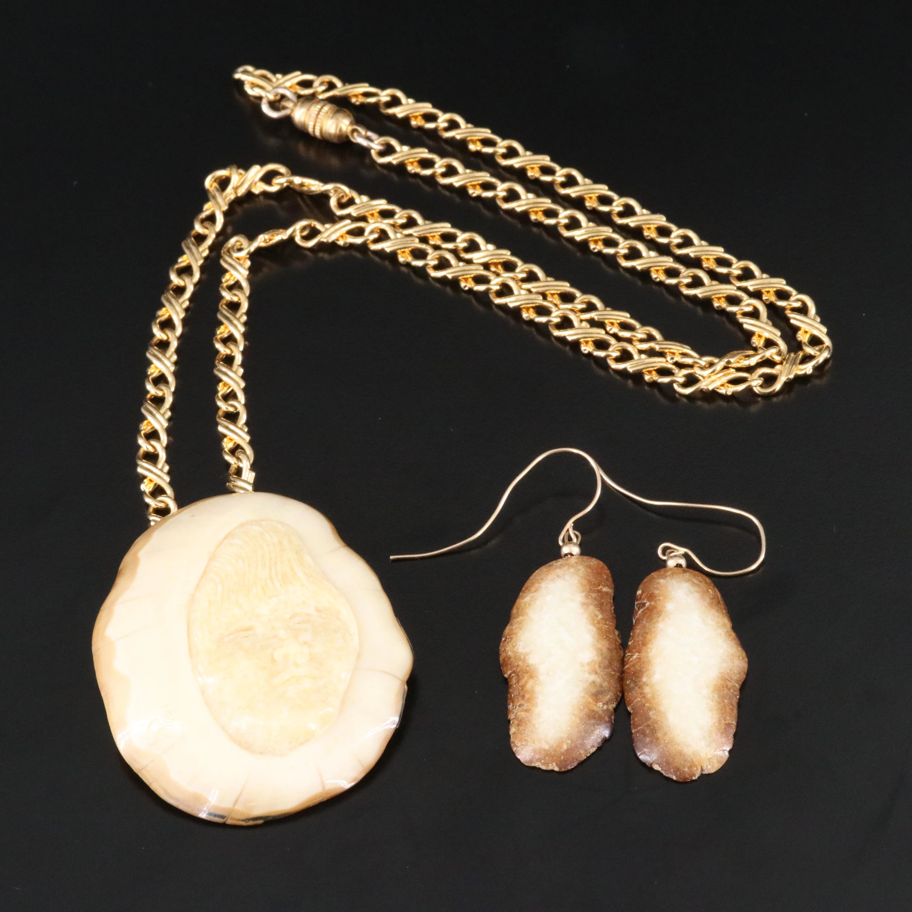 Cha Rnacircle Carved Fossil Walrus Tusk Pendant Necklace and Earrings