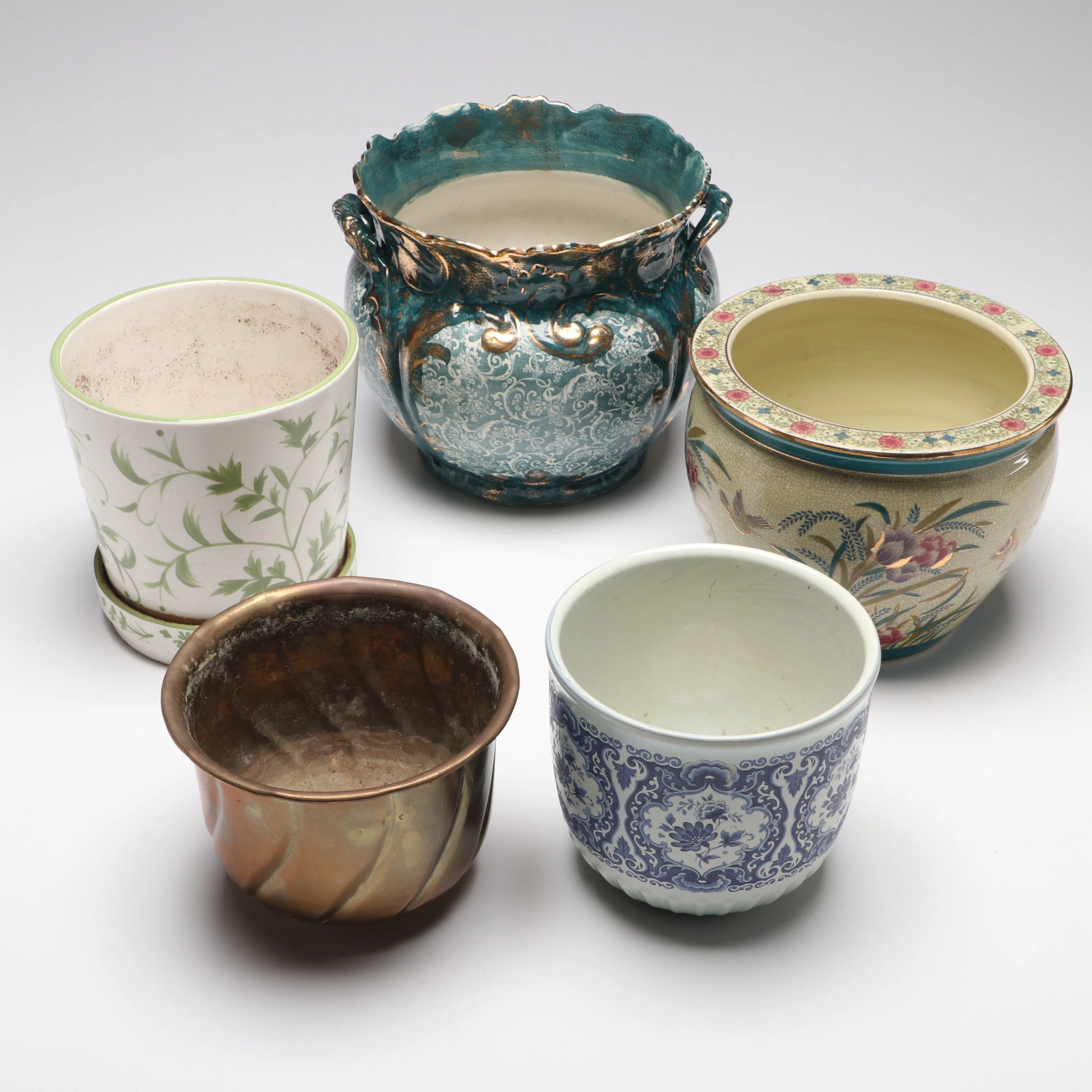 Brass and Assorted Ceramic Jardinieres