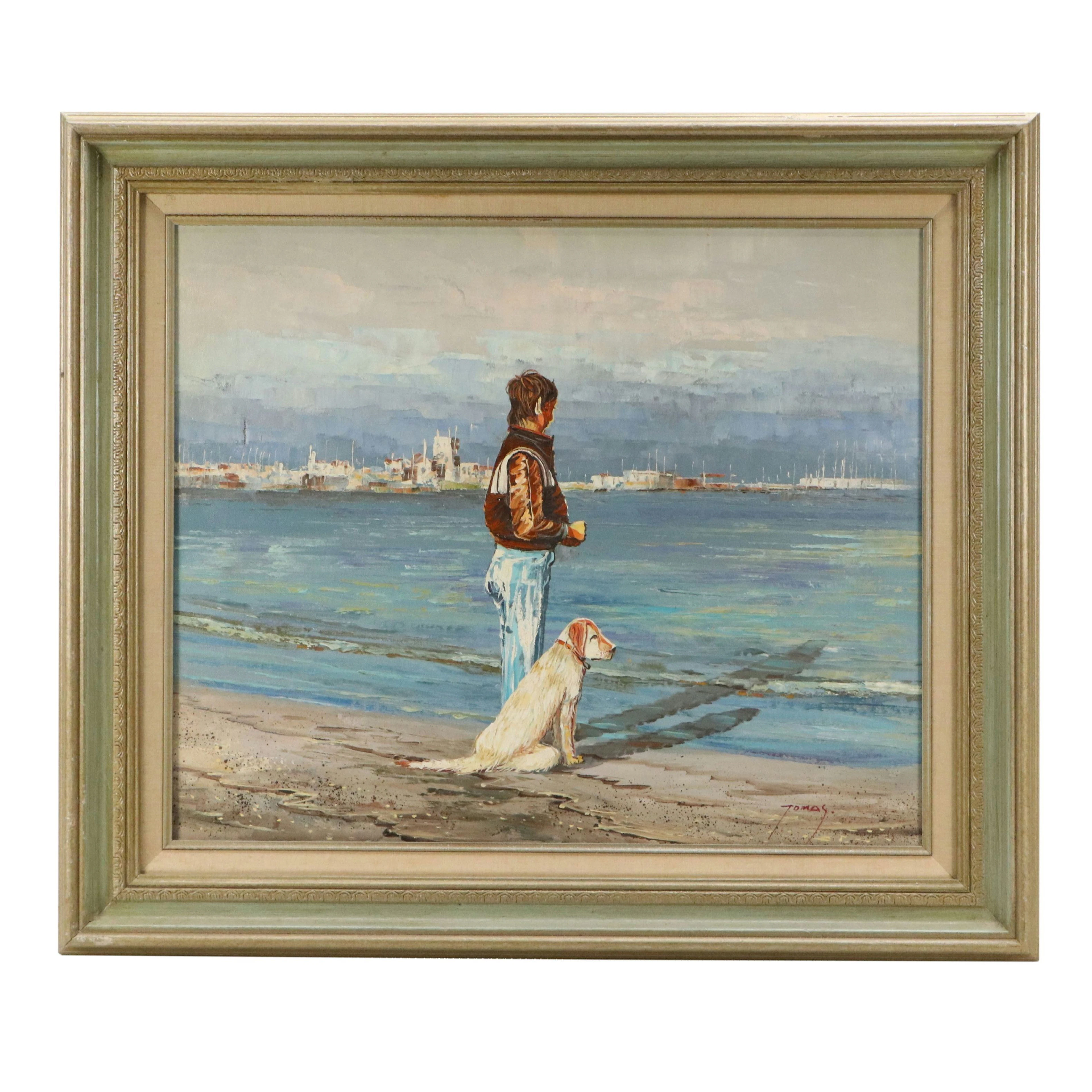 Tomas Impressionistic Oil Painting of Beachside Figure and Dog, 21st Century