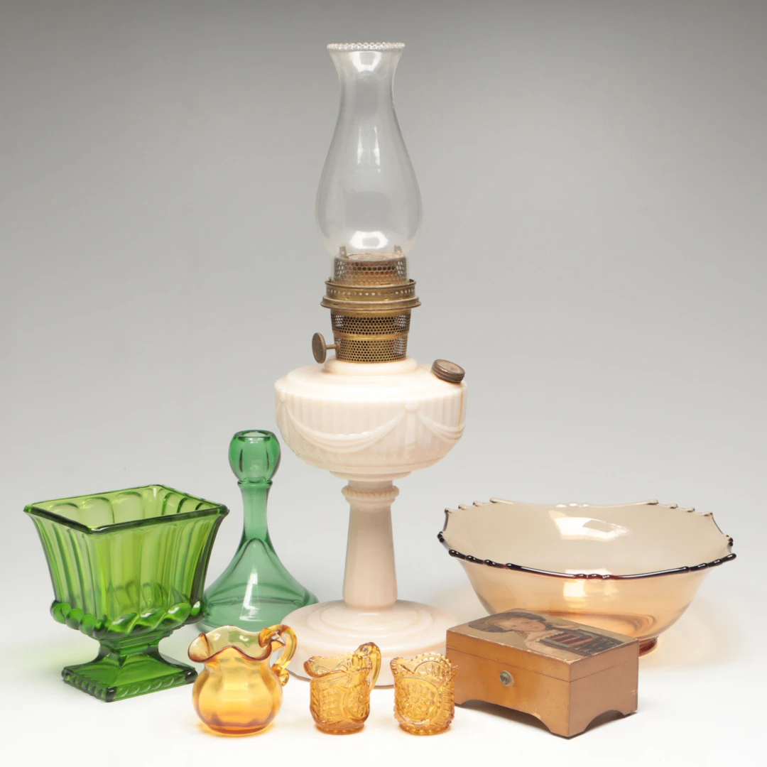 Aladdin Alacite Lincoln Drape Oil Lamp, Other Depression Glassware