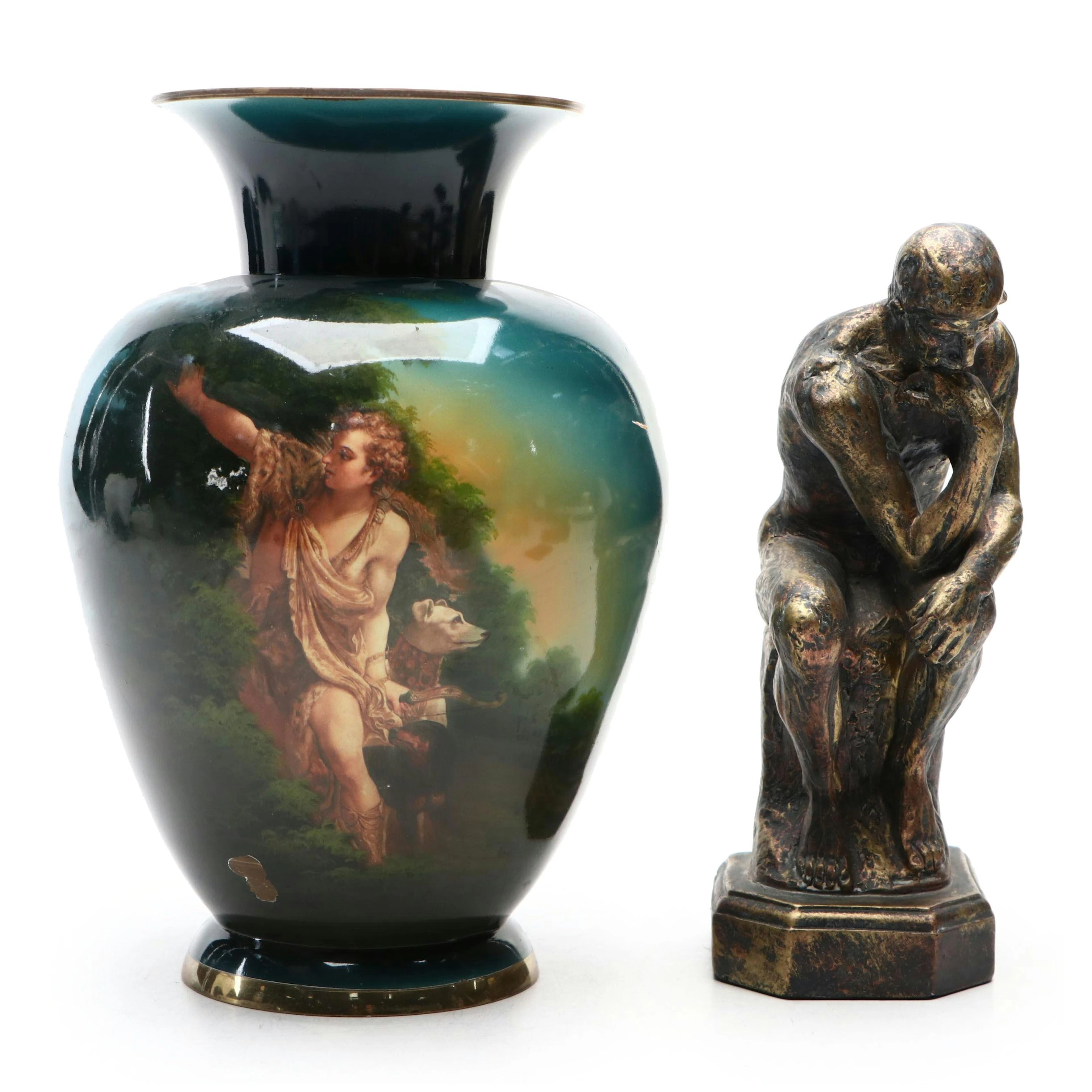 Bronzed Metal "The Thinker" after Rodin Figurine with Other Metal Vase