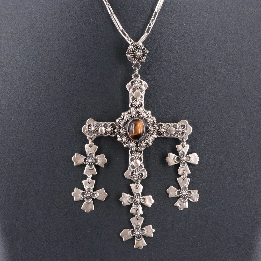 Mexican Sterling Cross Necklace with Tiger's Eye Cannetille