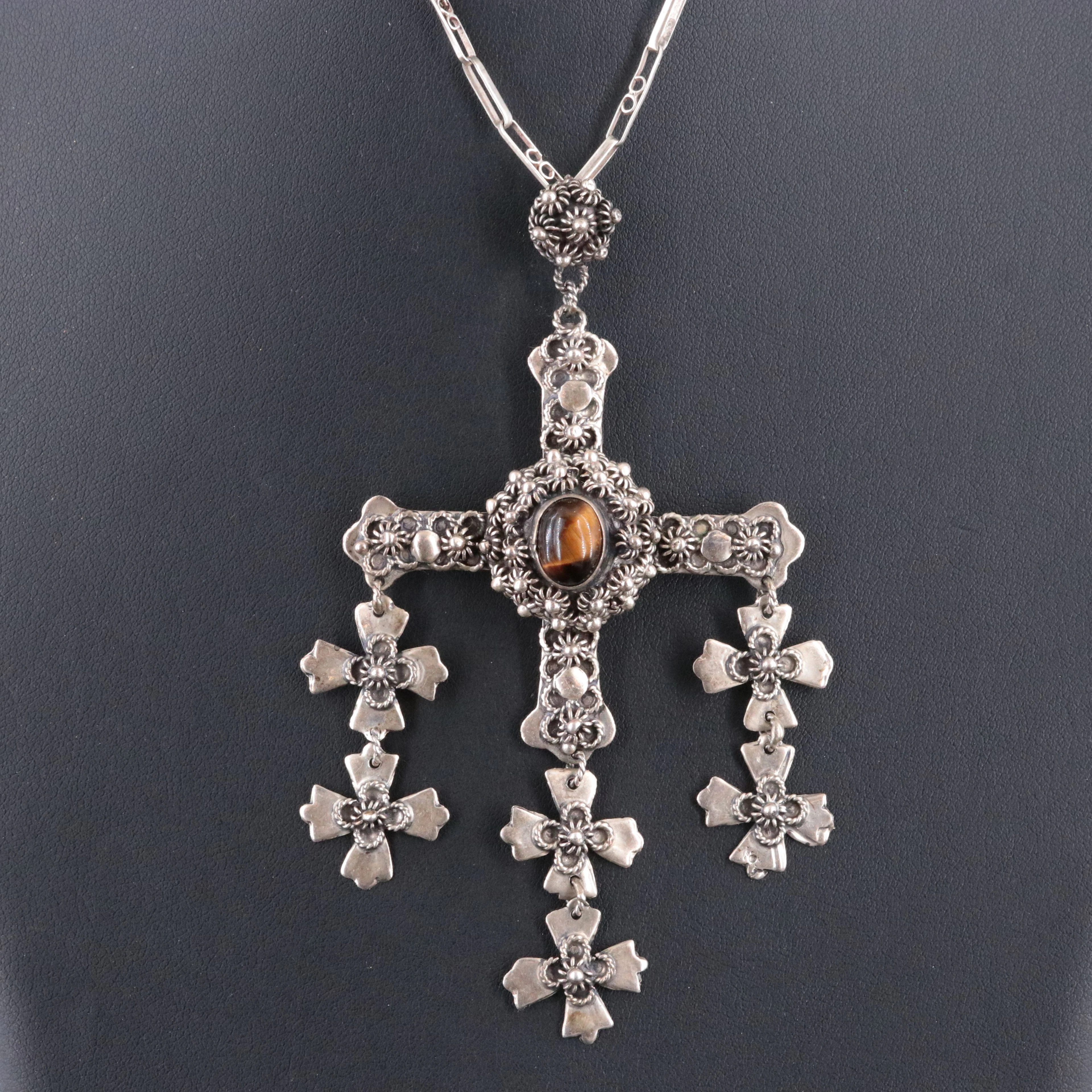 Mexican Sterling Cross Necklace with Tiger's Eye Cannetille