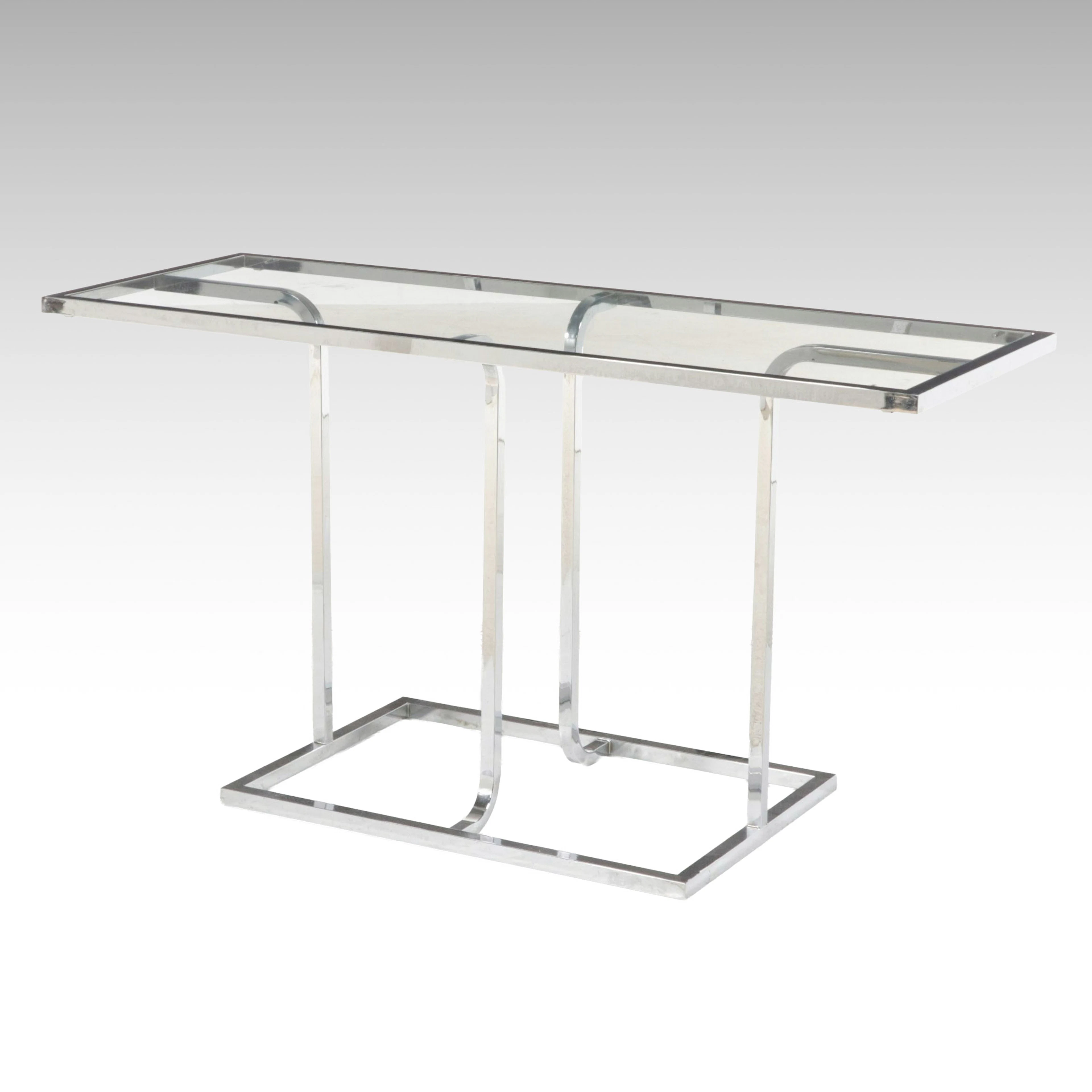 Contemporary Modern Chrome Console Table with Inset Glass Top