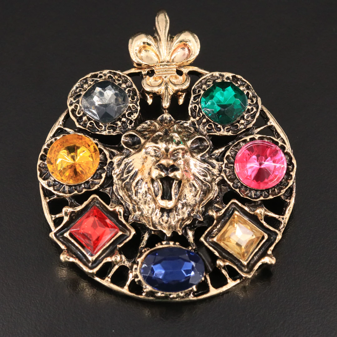 Fluer-de-Lis Lion Pendant Brooch with Jewel-Tone Rhinestones