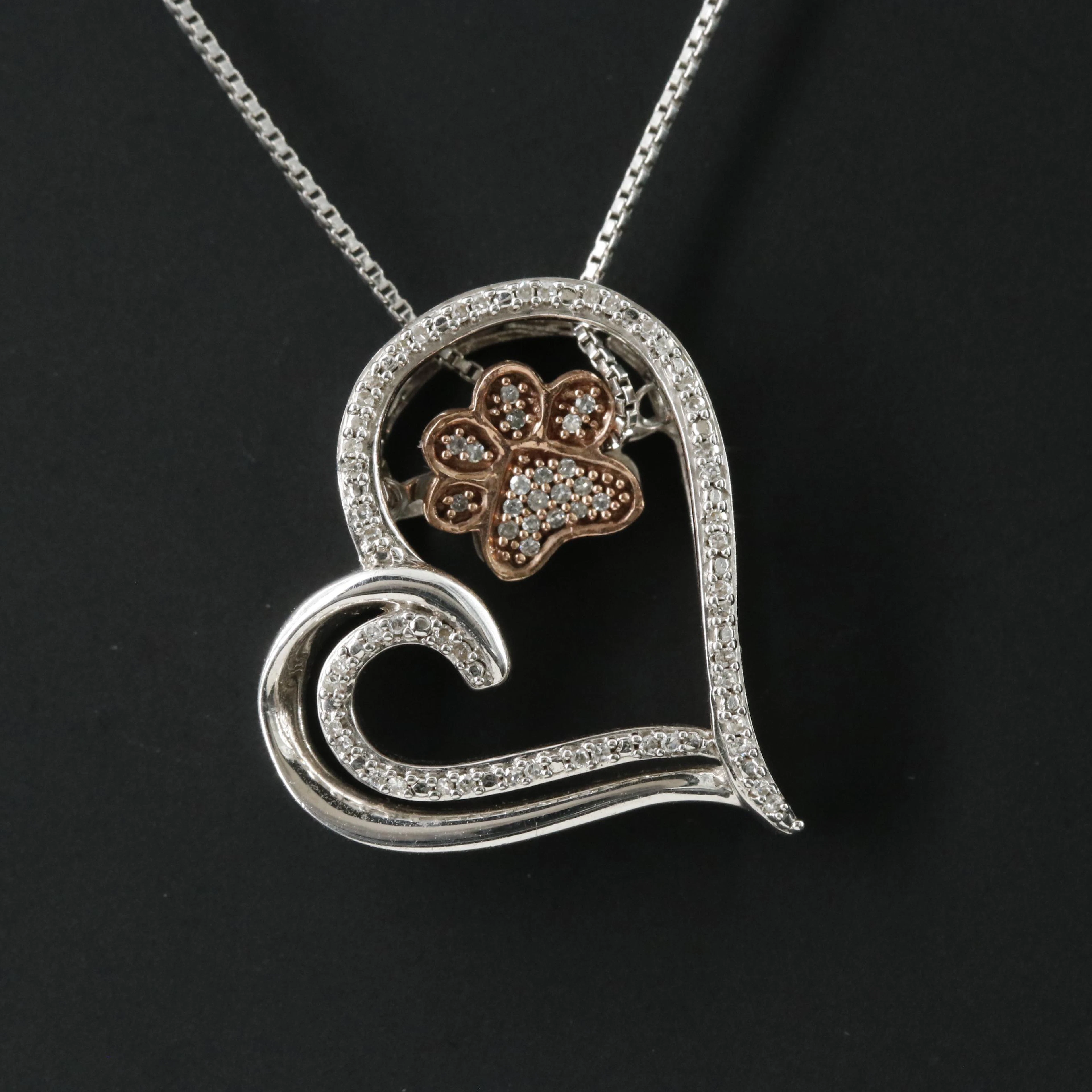 Sterling Diamond Heart and Paw Print Shimmer Necklace with 10K Rose Gold Accent