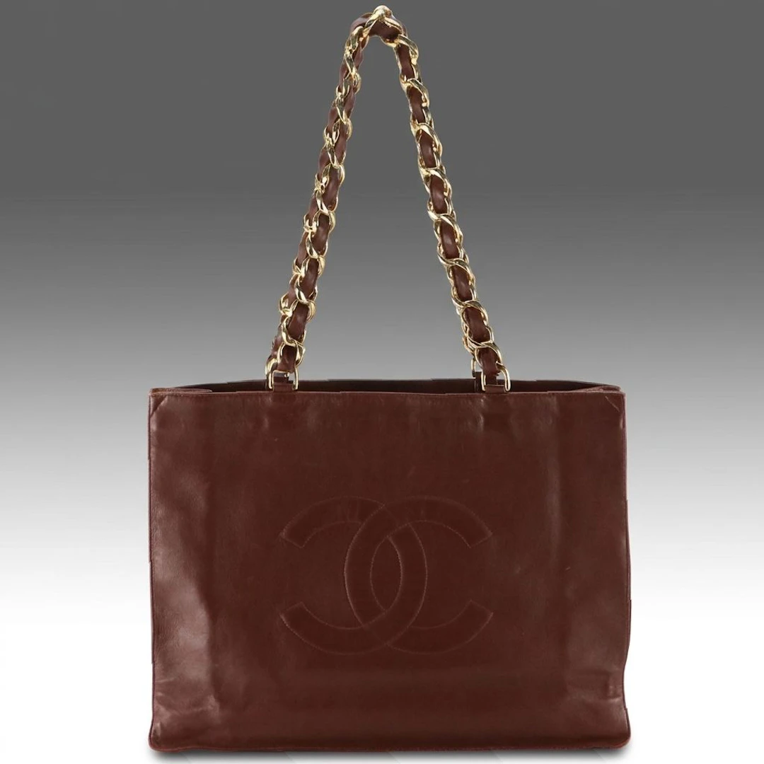 Chanel CC Tote Bag in Brown Lambskin Leather with Chain Link Straps