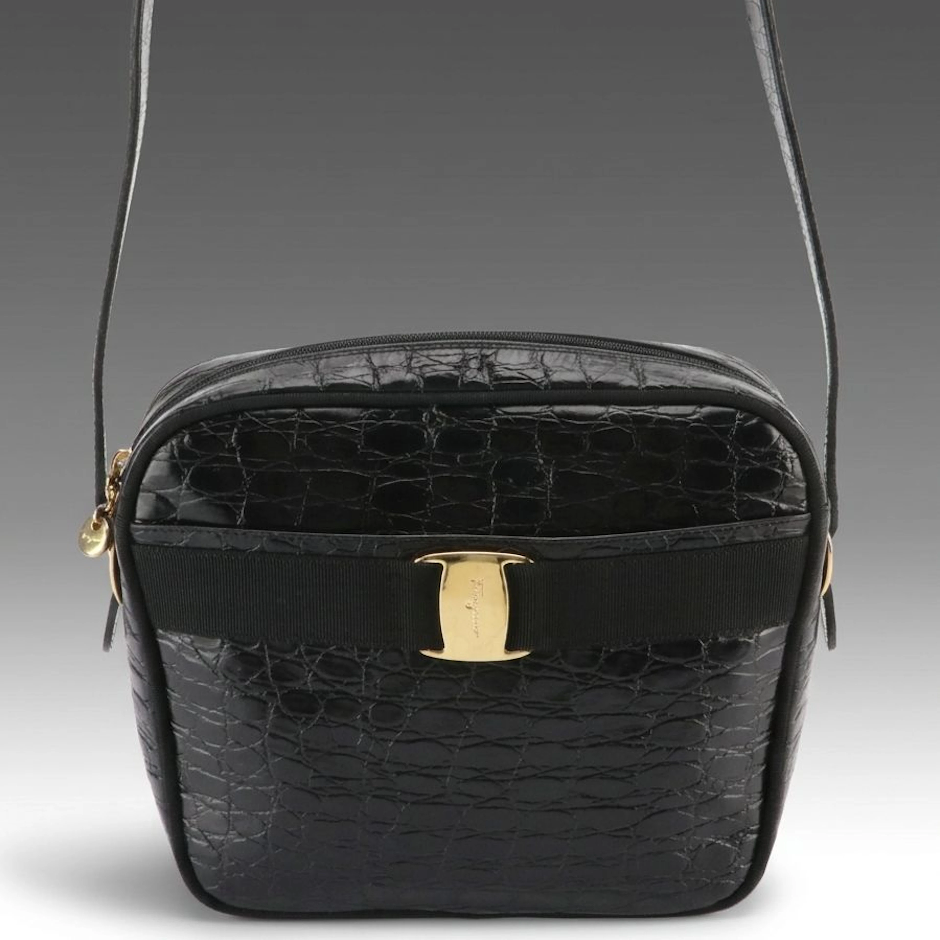 Salvatore Ferragamo Vara Buckle Camera Bag in Croc Embossed Leather, Vintage