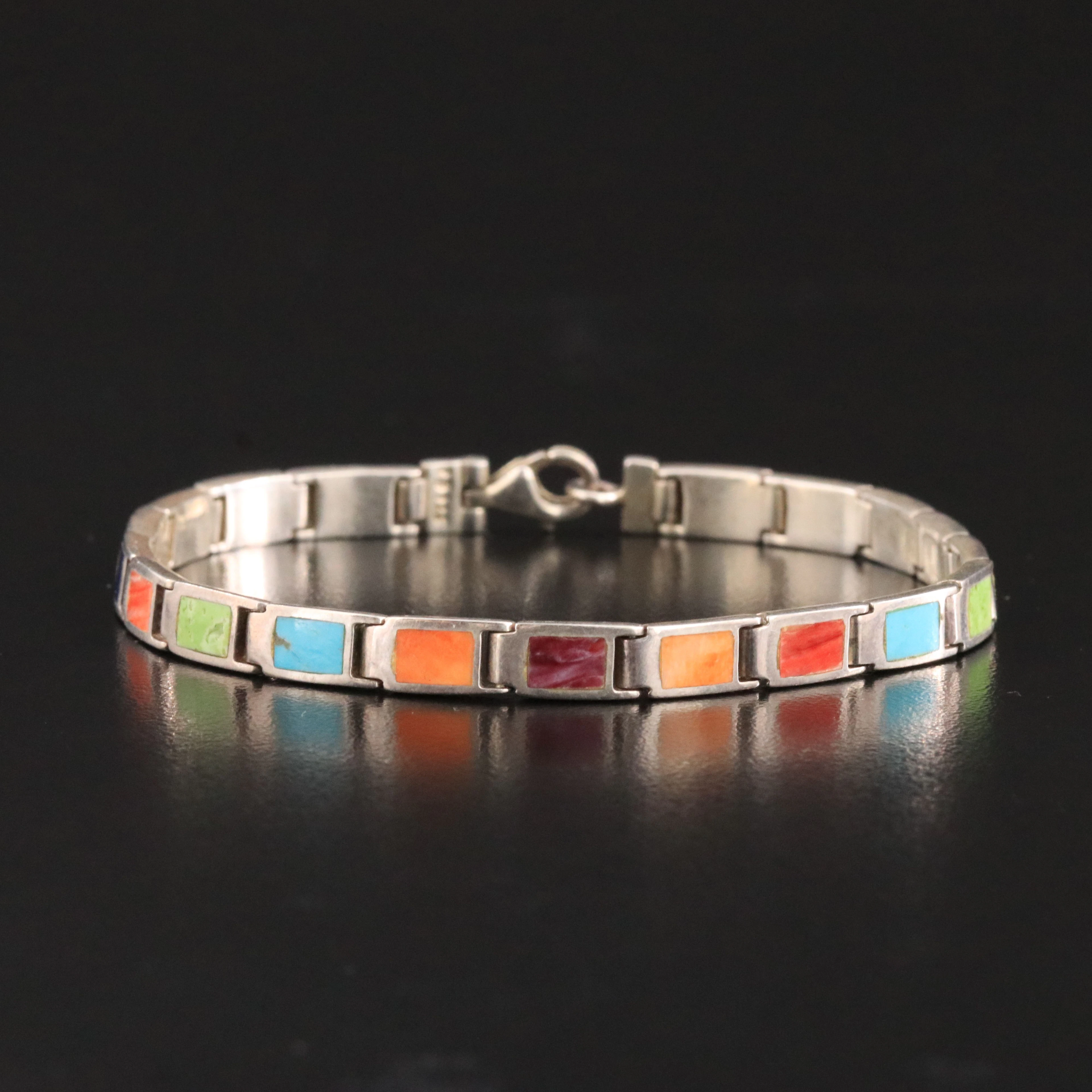 Sterling Inlay Link Bracelet Featuring Turquoise, Lapis Lazuli and Spiny Oyster