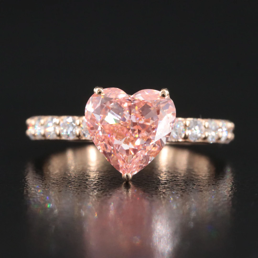 14K 3.52 CTW Lab Grown Diamond Ring with Fancy Vivid Pink Center and IGI Report