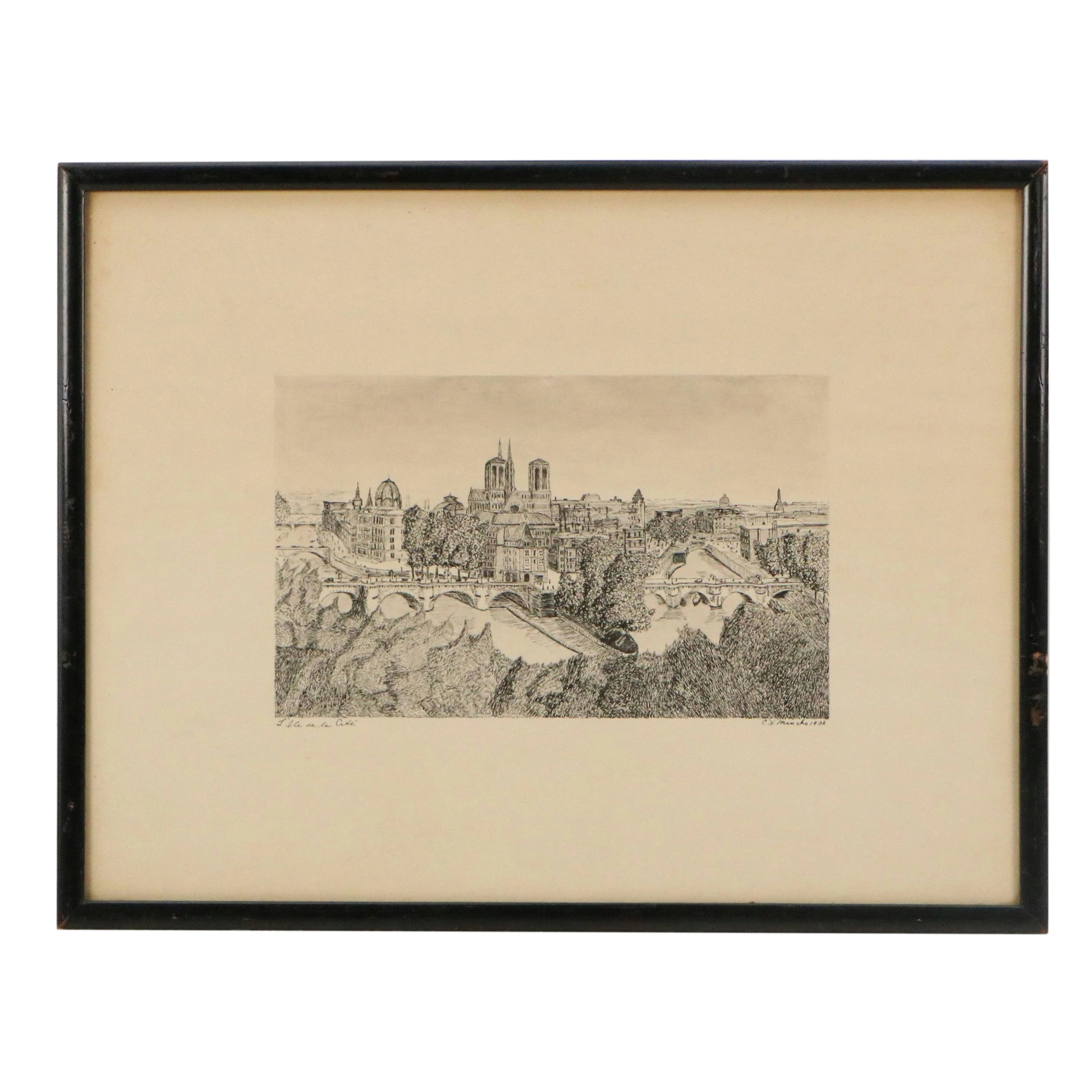Parisian Cityscape Ink Drawing "L'Île de la Cité," 1932