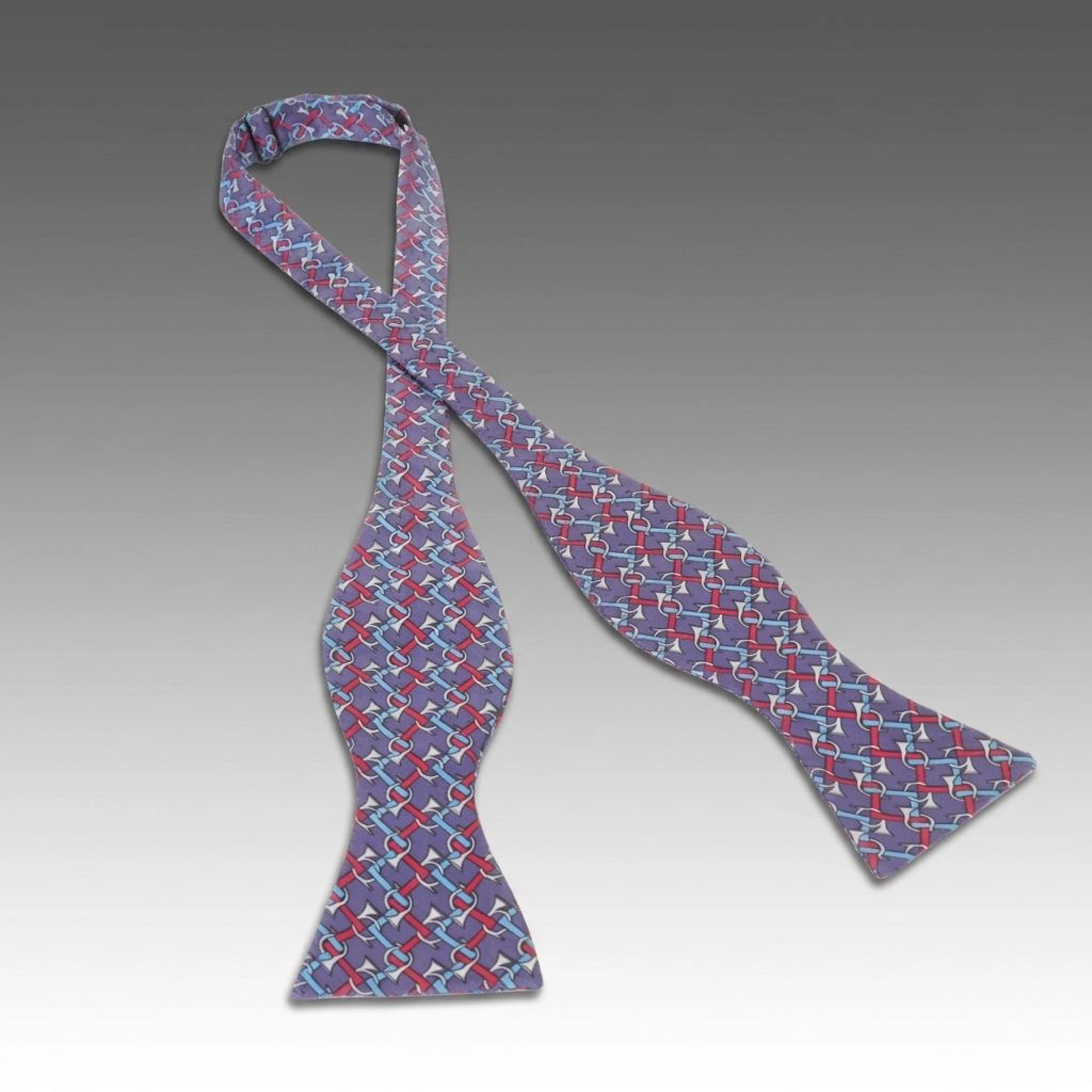 Hermès Silk Blue and Red Bugle Motif Bow Tie