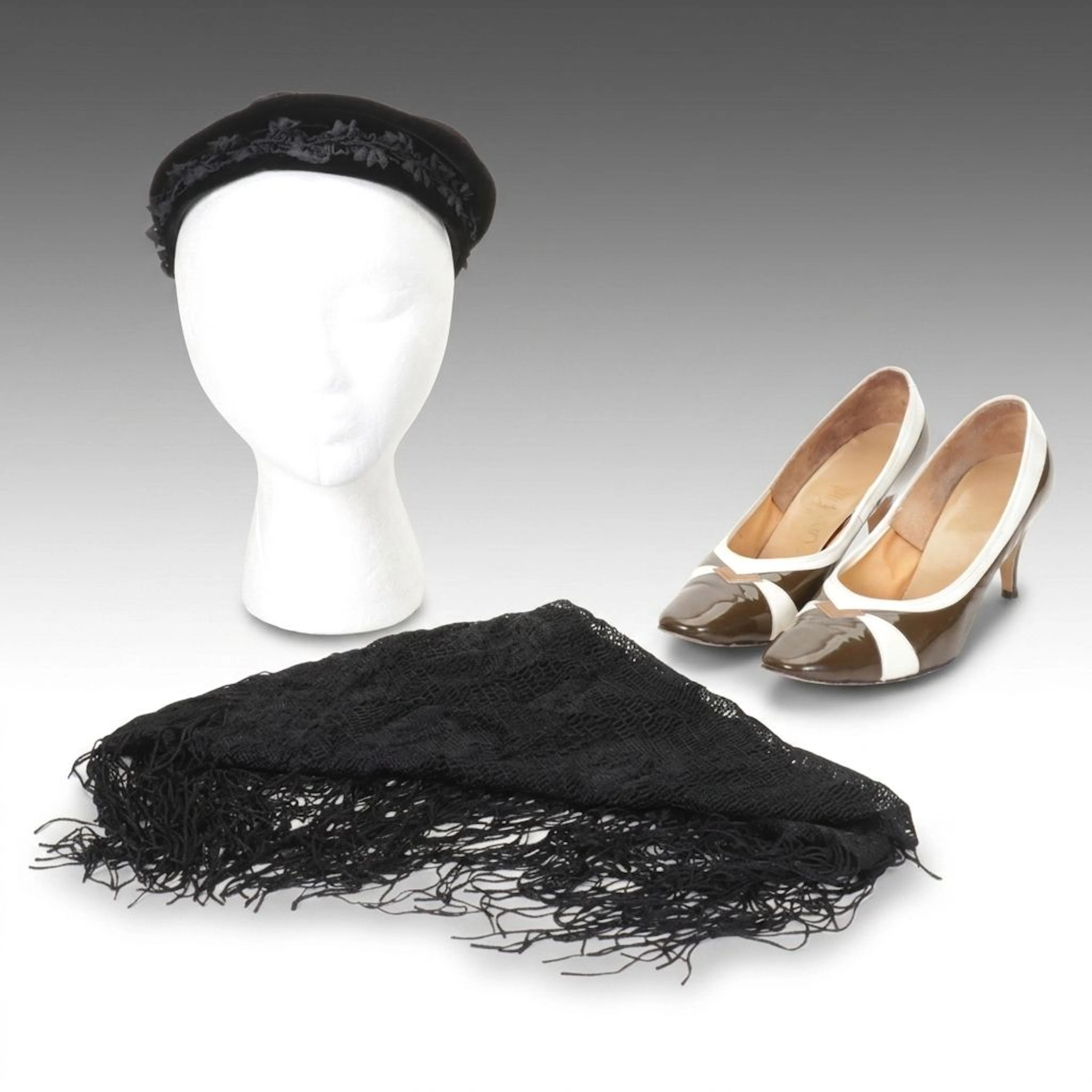 Carol Brent Patent Leather Pumps with Neiman Marcus Velvet Beret and Lace Scarf
