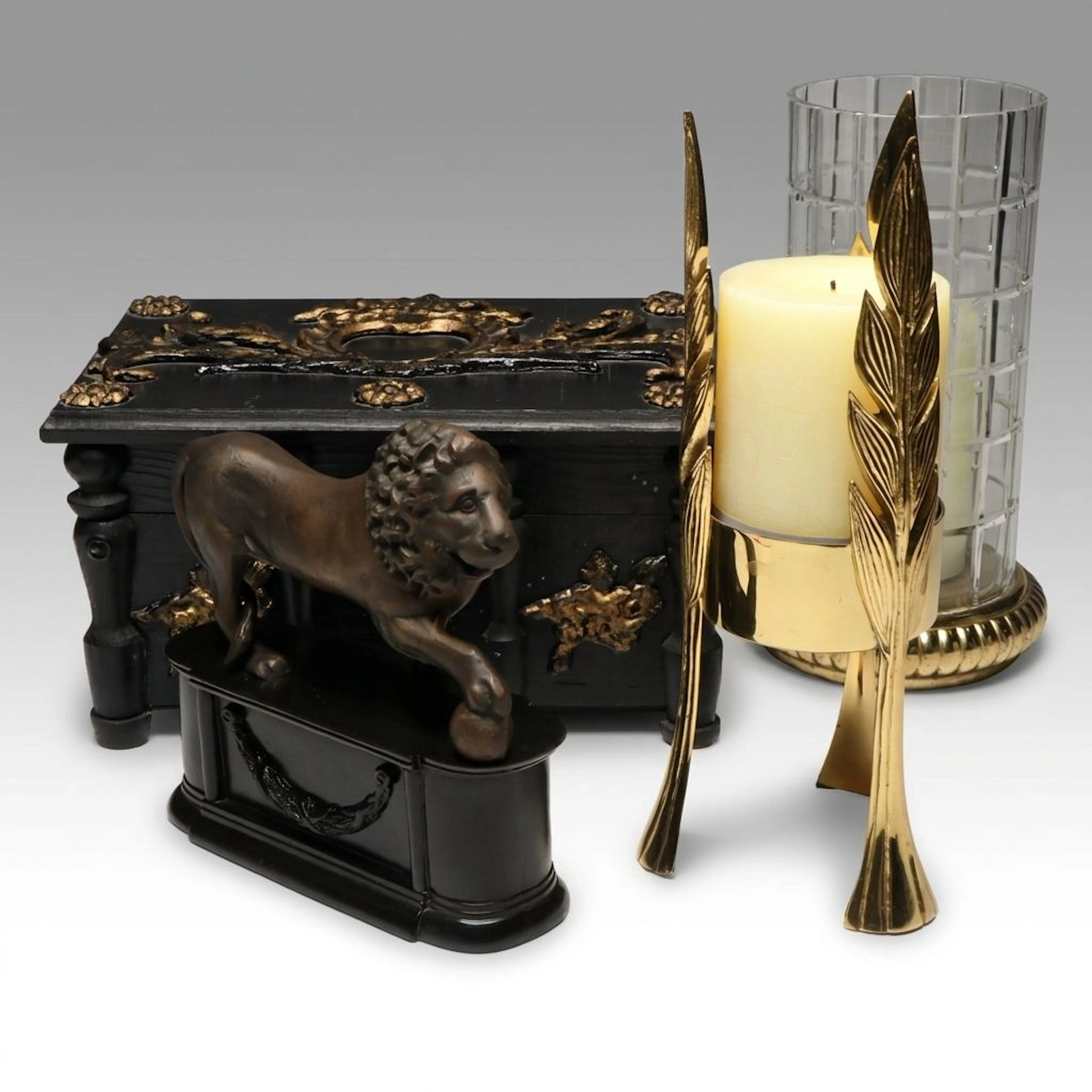 Grand Tour Style Medici Lion Figure with Box and Candle Holders