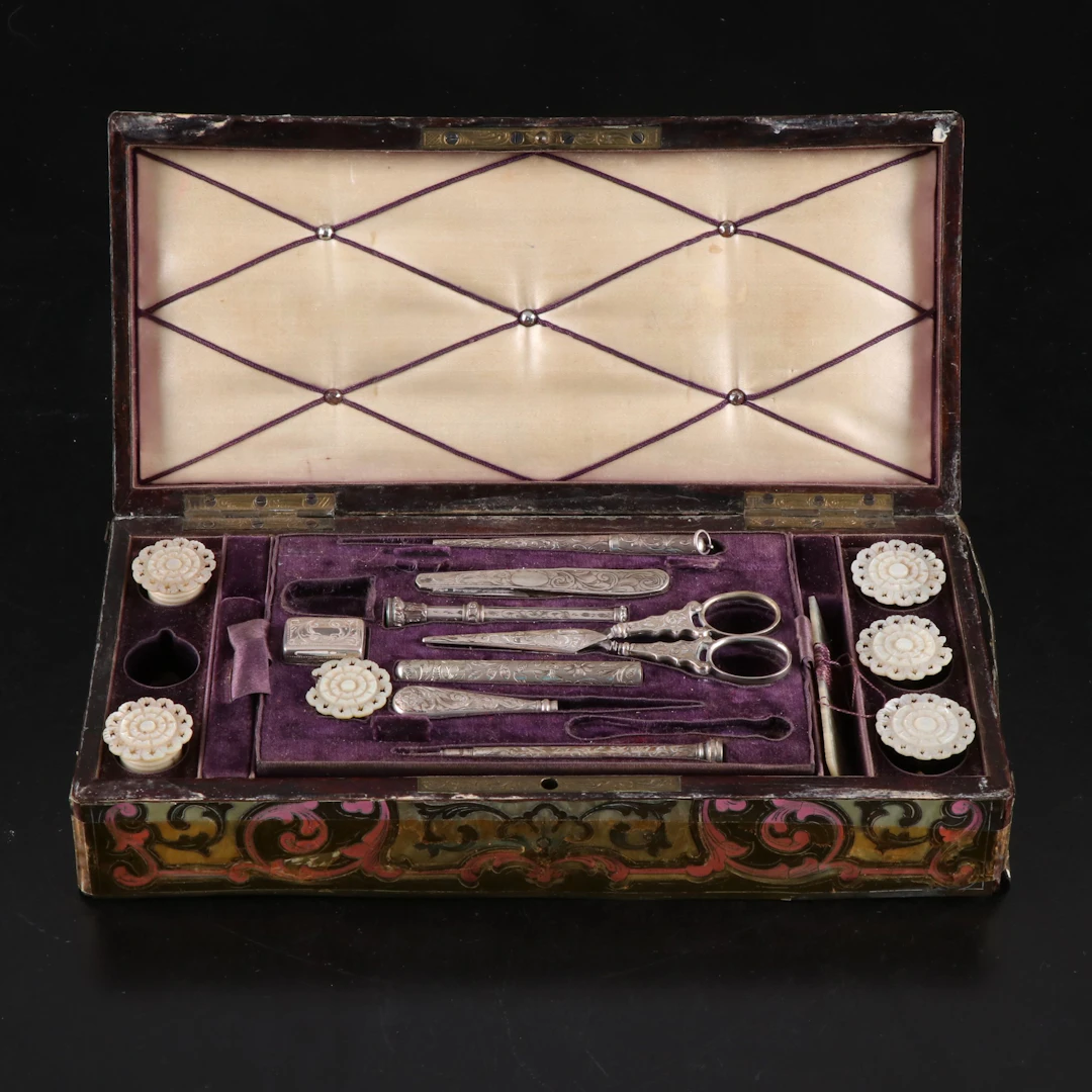 Victorian Sewing Box with Sterling Silver and Mother-of-Pearl Sewing Tools