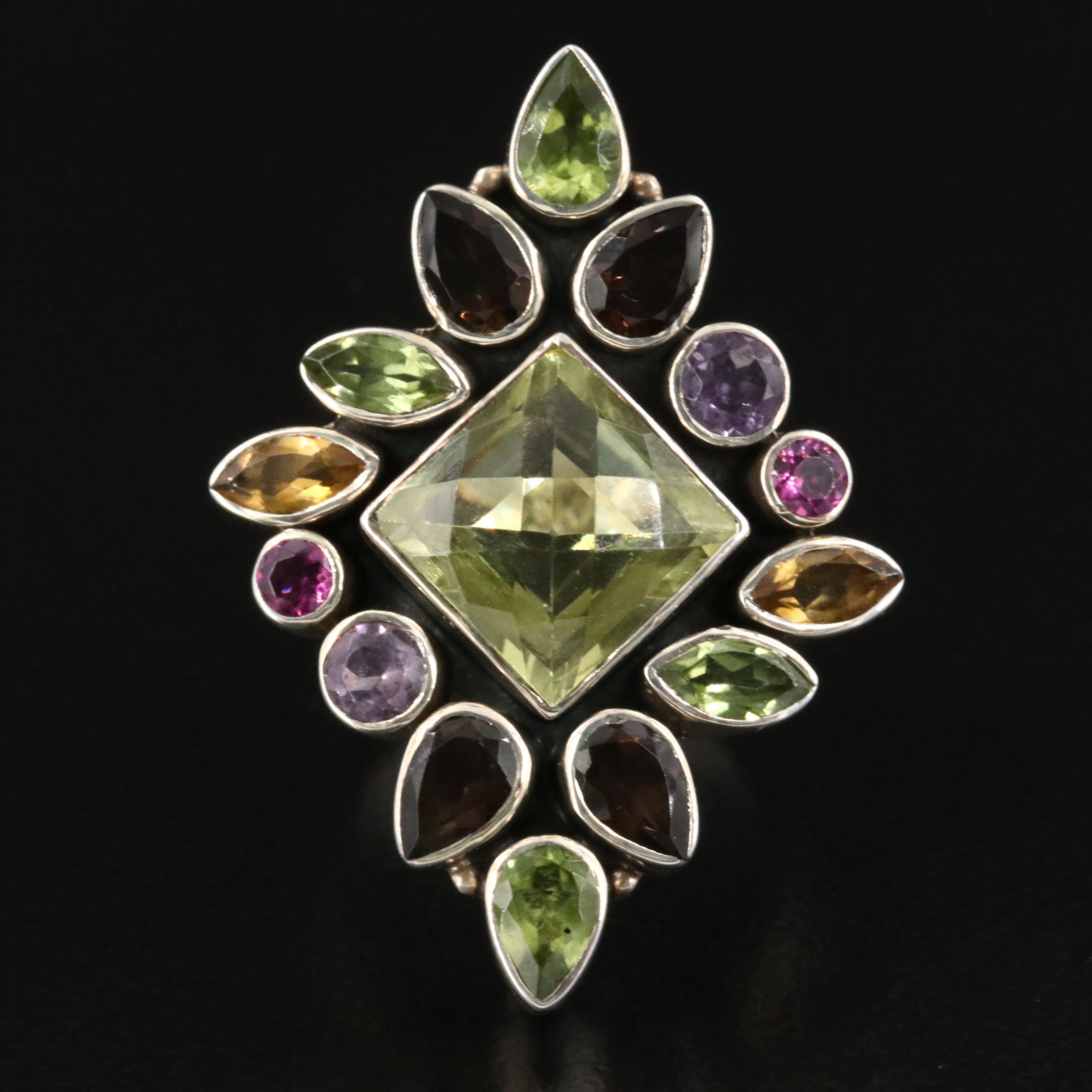 Nicky Butler Sterling Shield Ring Featuring Citrine, Peridot and Amethyst