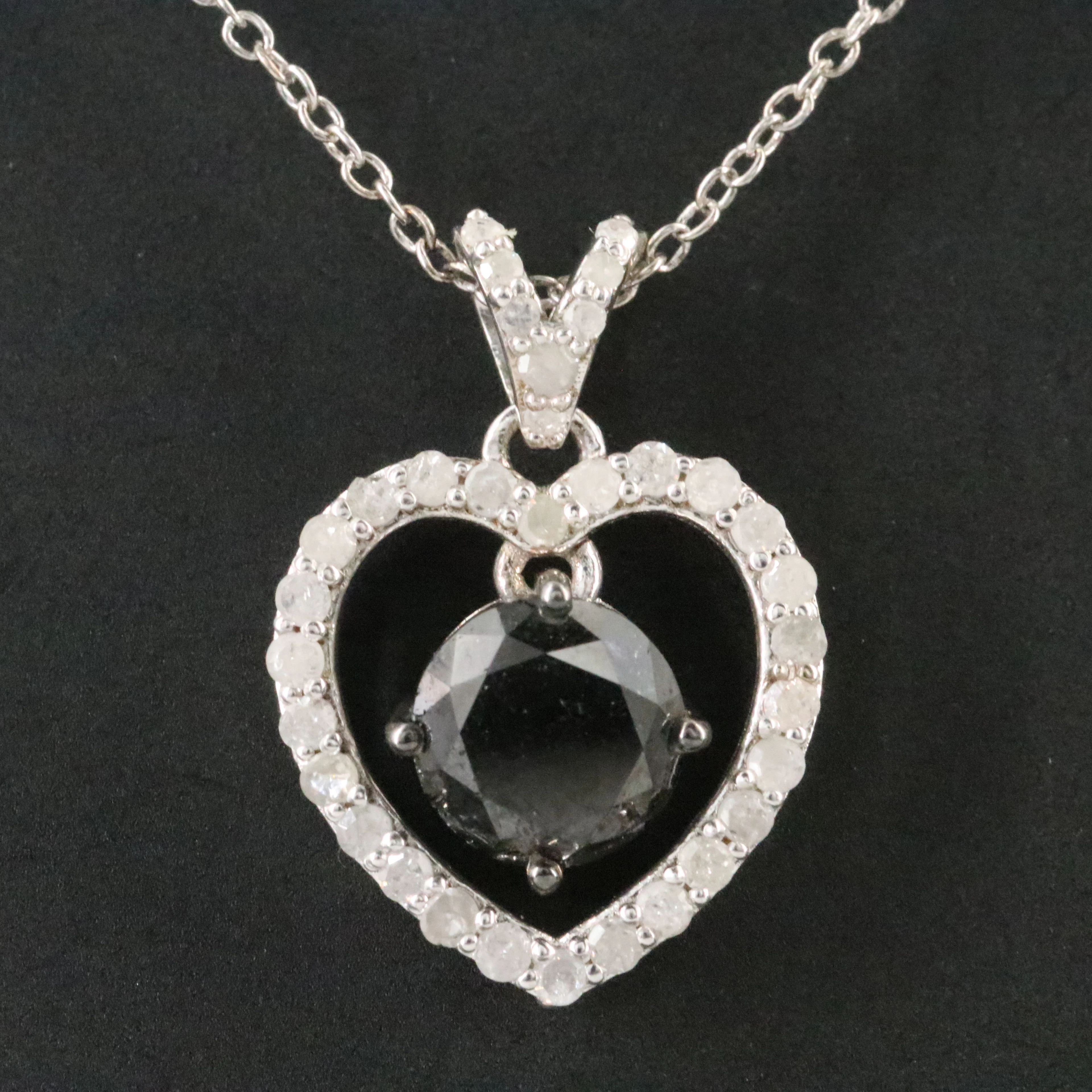 Sterling Diamond Heart Pendant with Fancy Black Center Necklace