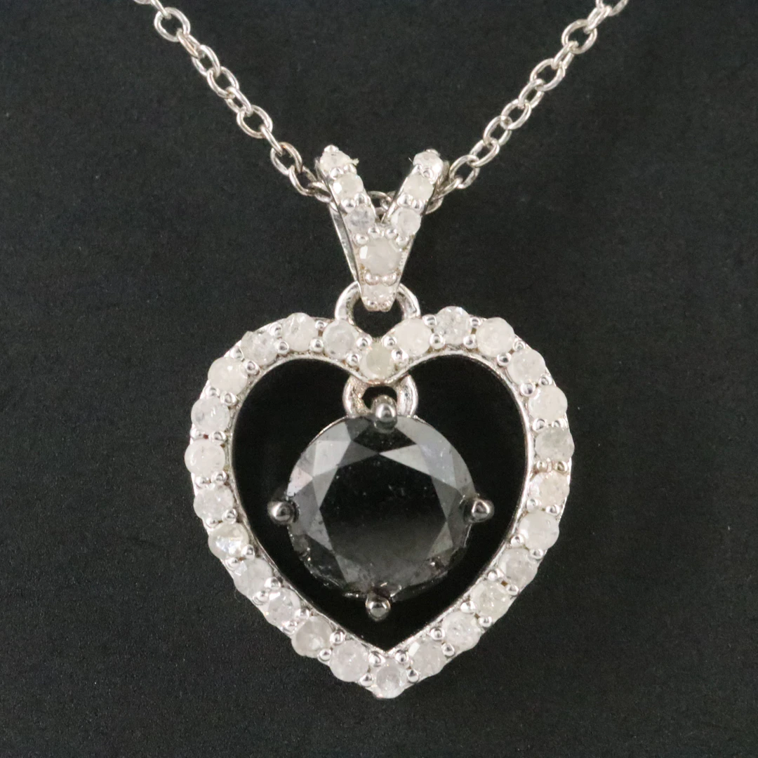 Sterling Diamond Heart Pendant with Fancy Black Center Necklace