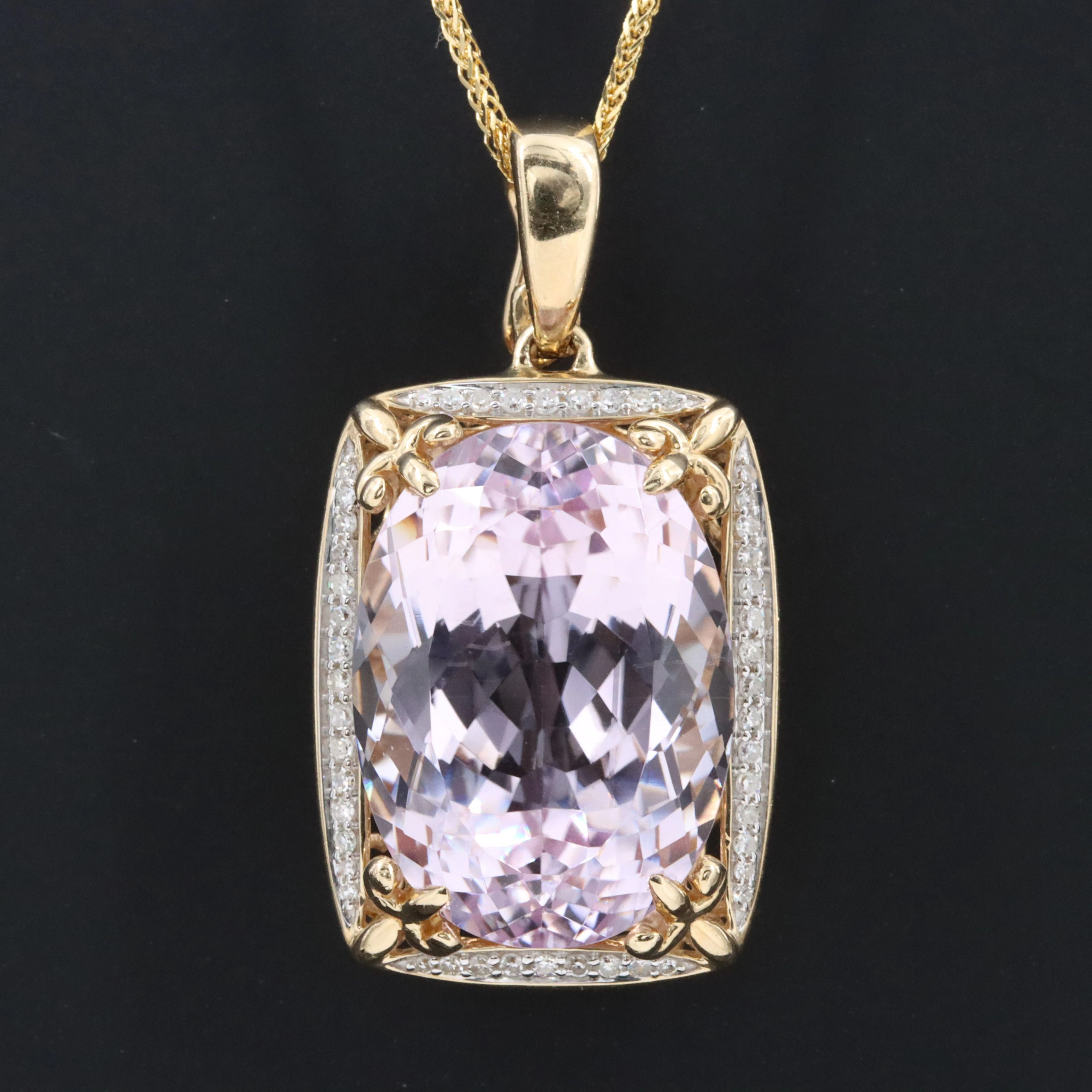 14K 14.67 CT Kunzite and Diamond Pendant Necklace