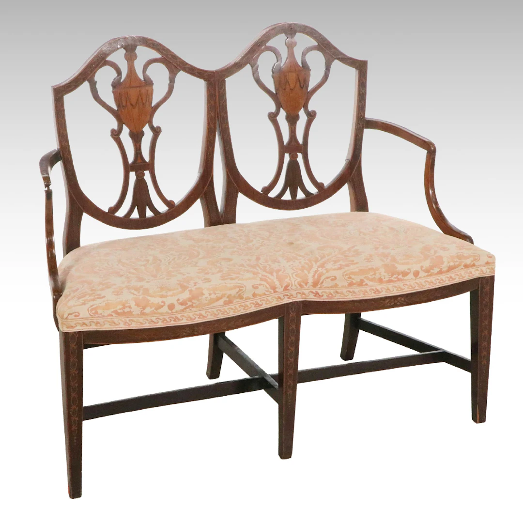 Hepplewhite Style Inlaid and Penwork Mahogany Double Shield-Back Settee