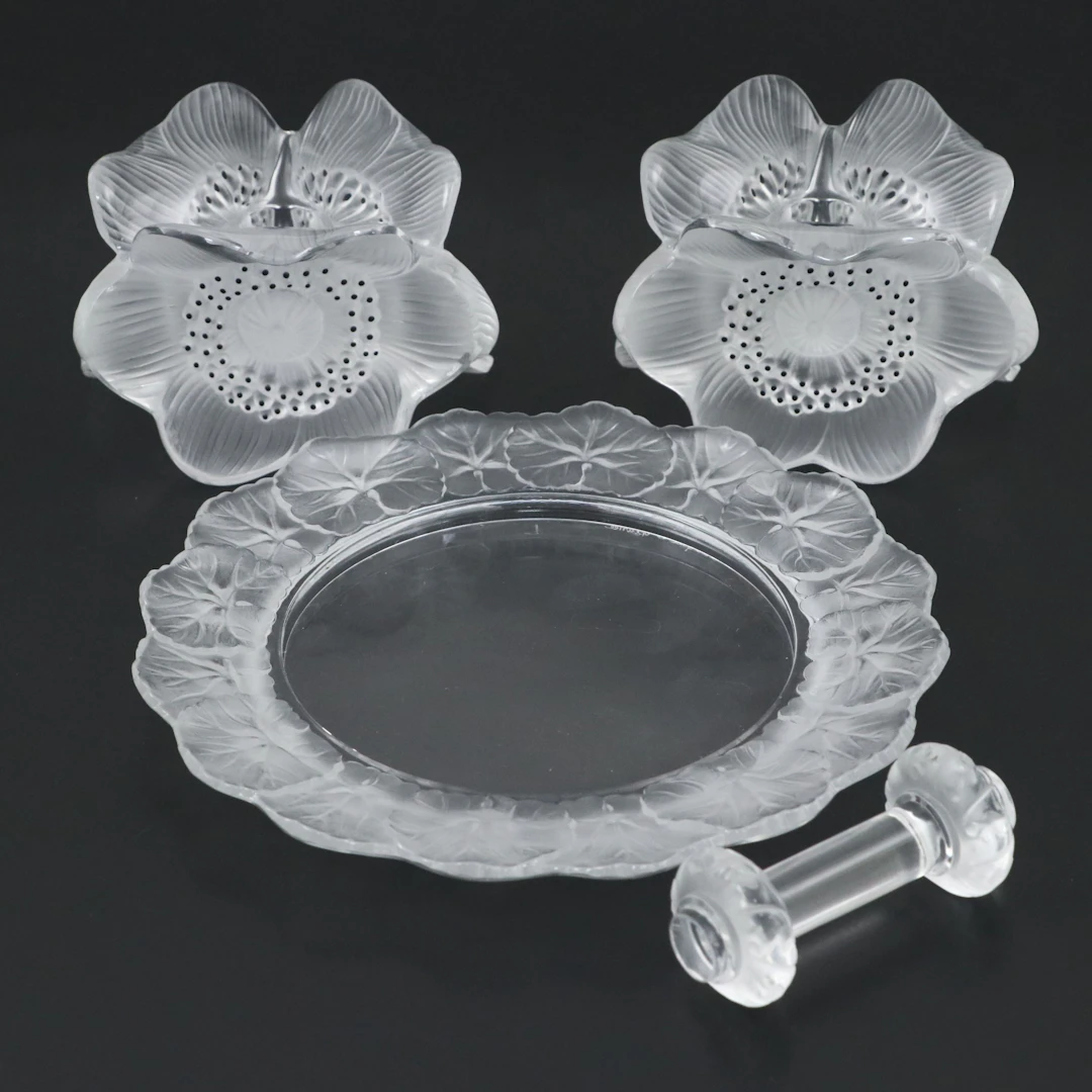 Lalique "Honfleur" Salad Plate, "Trois Anemones" Candlesticks with Spoon Rest