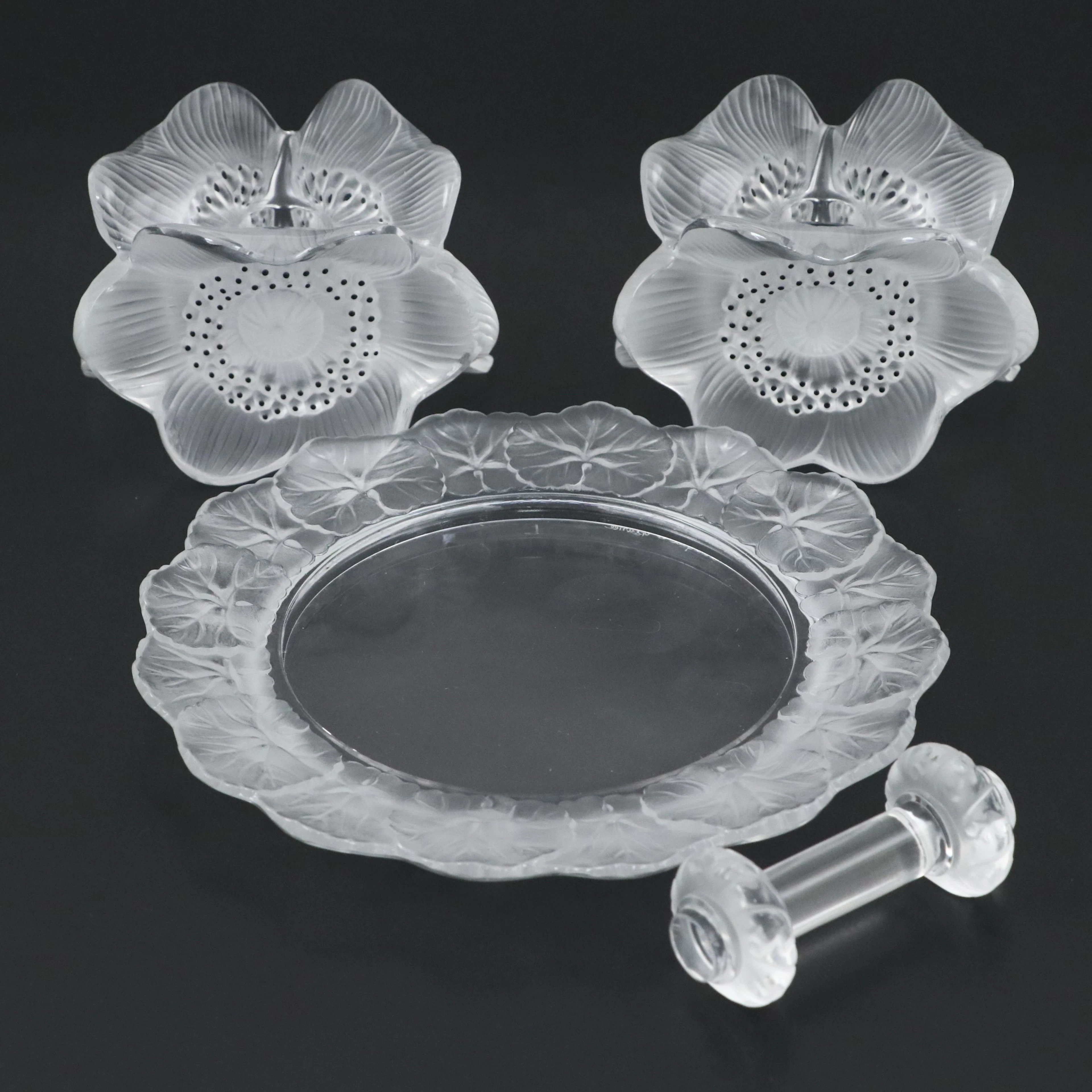 Lalique "Honfleur" Salad Plate, "Trois Anemones" Candlesticks with Spoon Rest