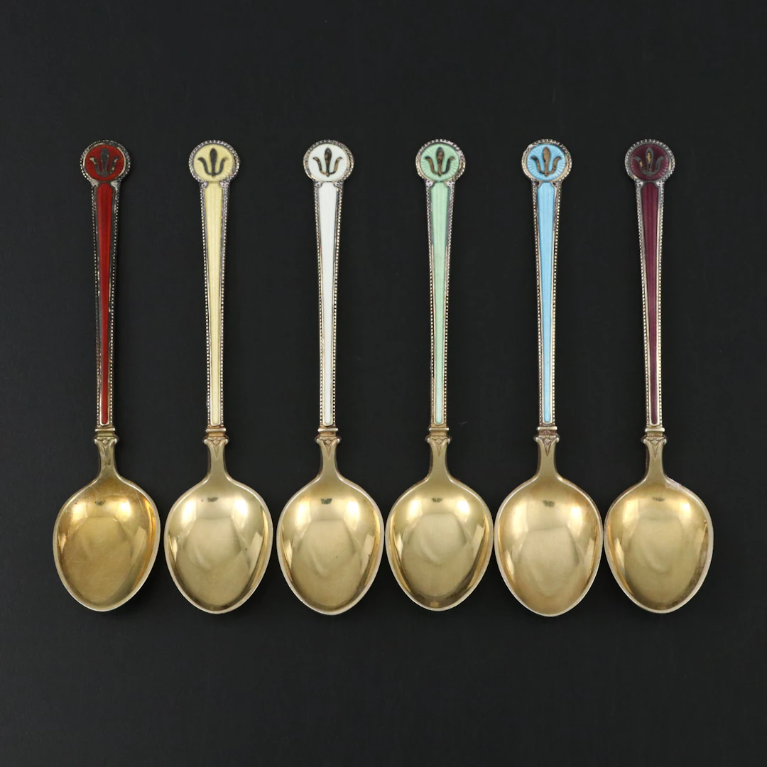 David-Andersen Sterling Silver Gilt and Guilloché Enamel Demitasse Spoons