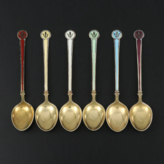David-Andersen Sterling Silver Gilt and Guilloché Enamel Demitasse Spoons