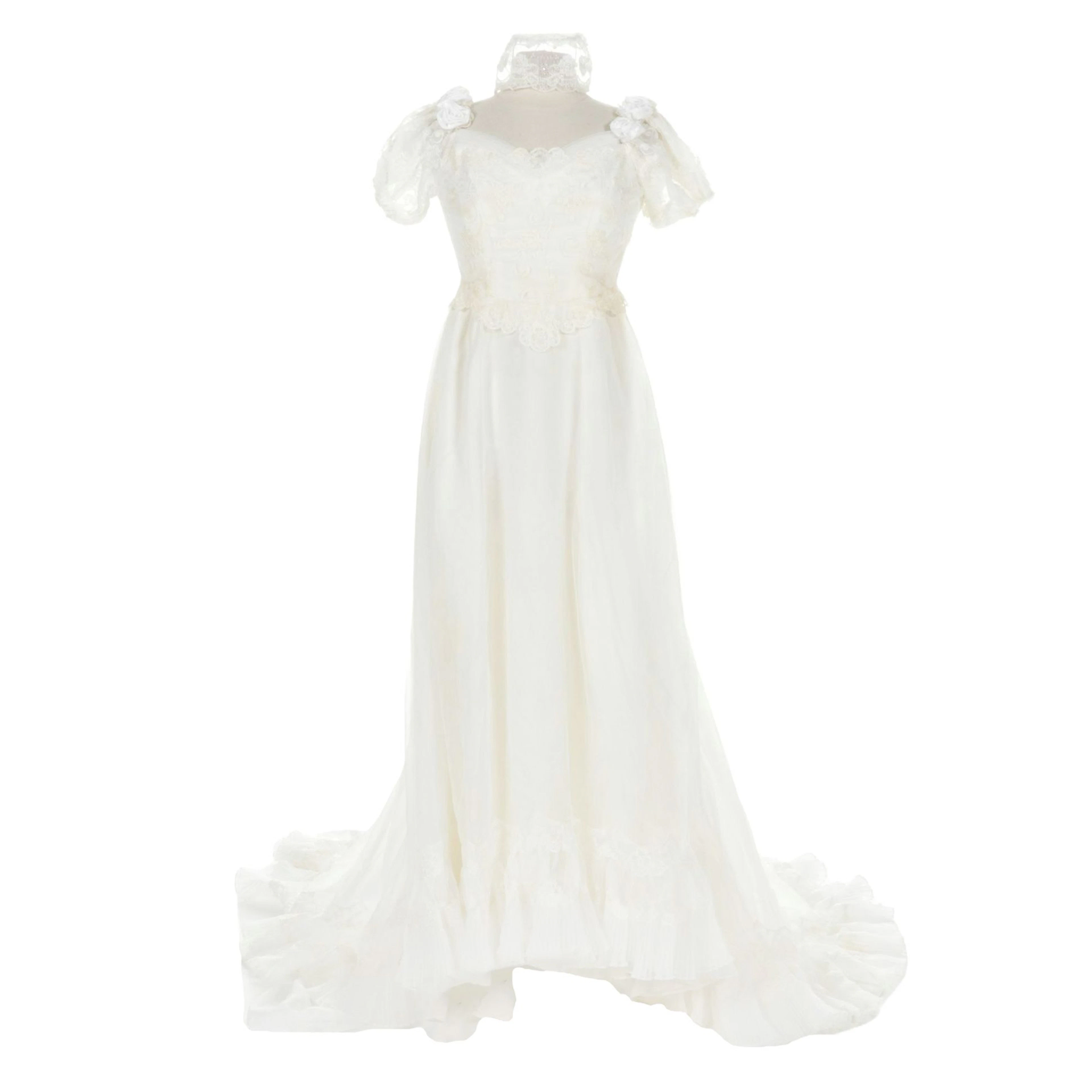William Cahill of Beverly Hills Lace Appliqué Wedding Dress and Veil, 1950s