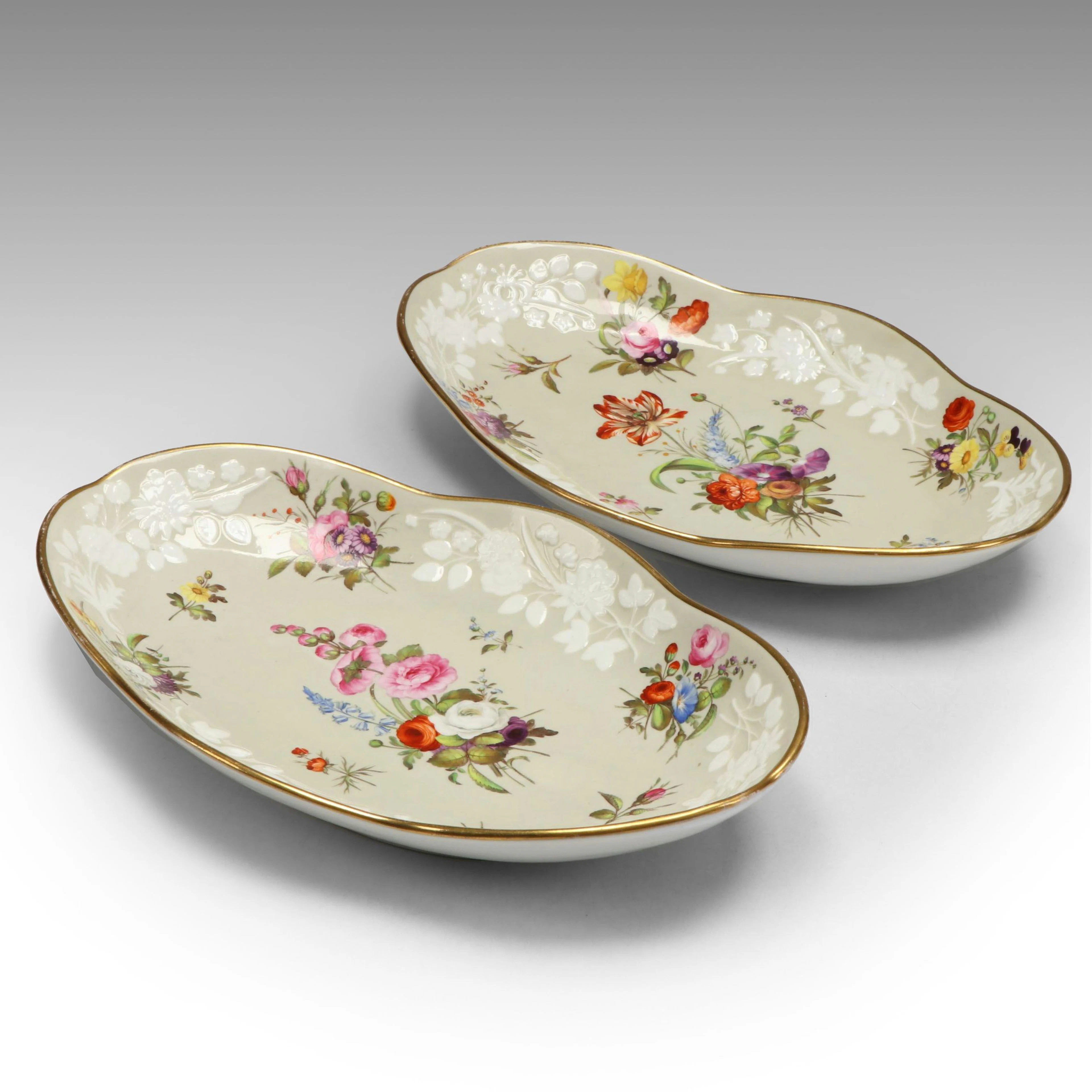 Spode Georgian Bone China Hand-Painted Oval Dishes with Embossed Floral Sprays