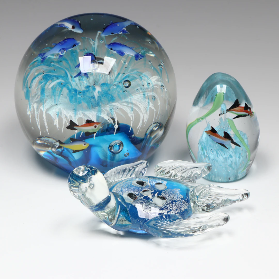 Murano Style and Other Art Glass Fish Bowl and Turtle Paperweights