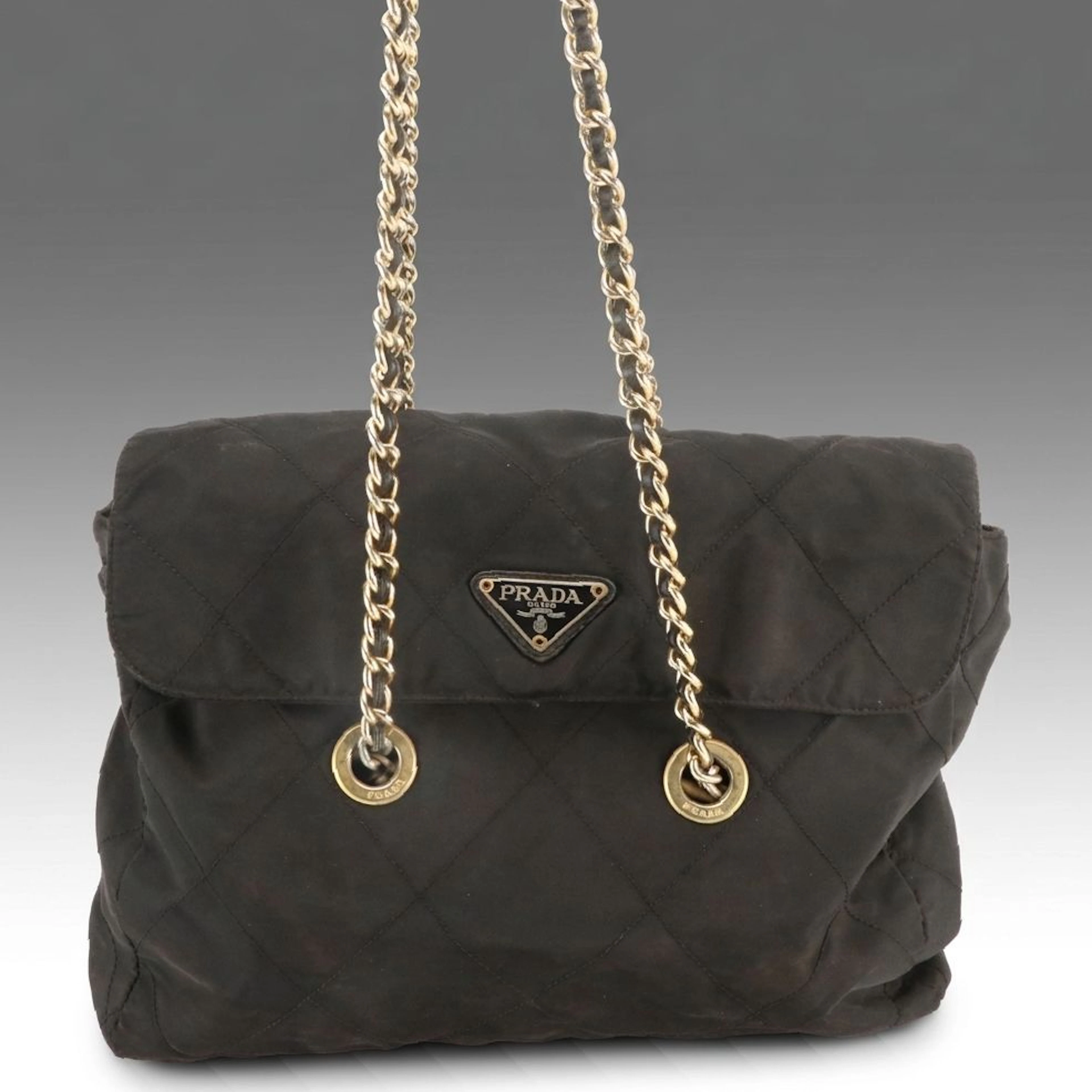 Prada Impuntu Quilted Flap Chain Link Shoulder Bag in Black Tessuto Nylon