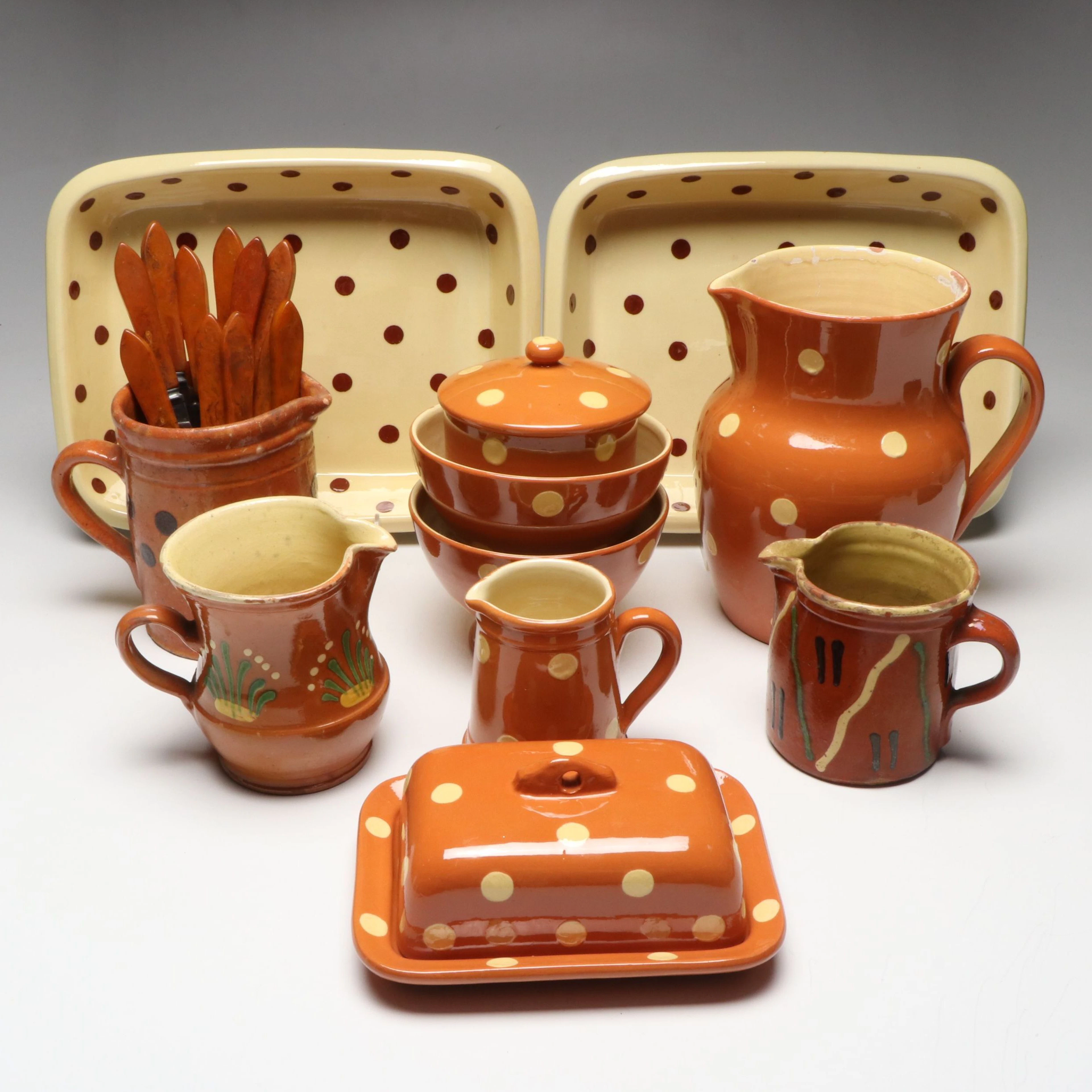 French Jaspé Ceramic Pitchers with More Serveware and Utensils