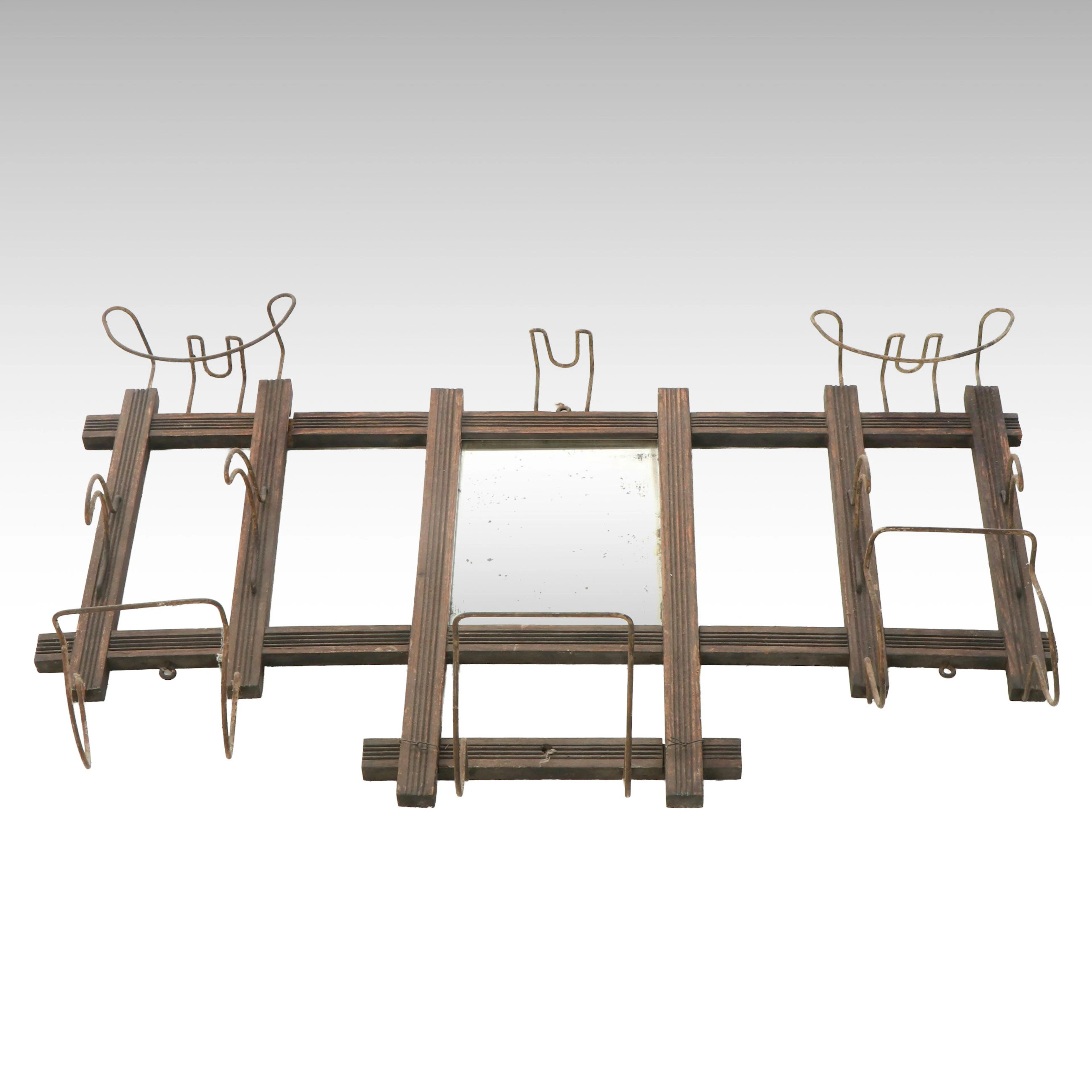 Victorian Wood and Wire Wall Hanging Coat Rack with Mirror, 19th Century