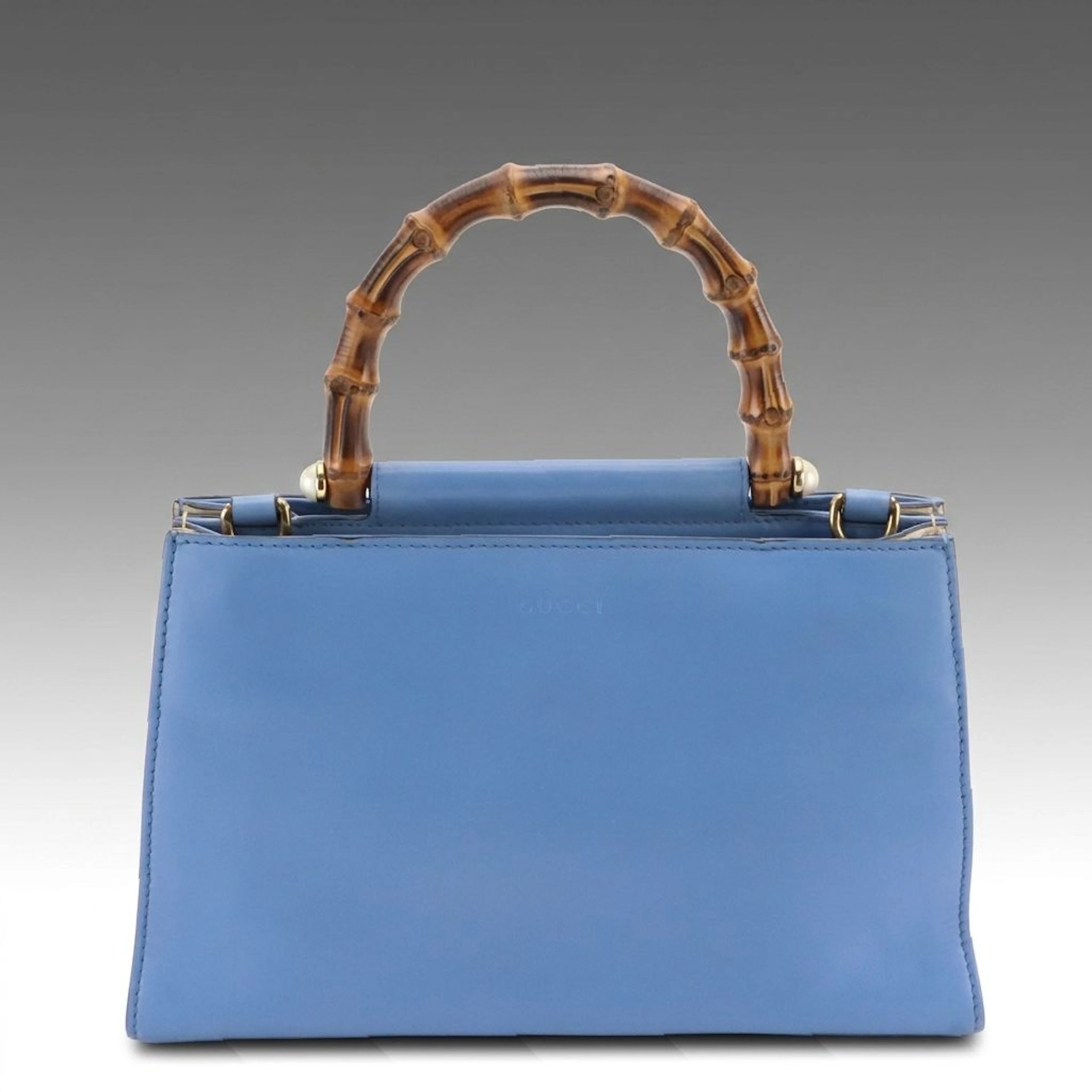 Gucci Nymphaea Bamboo To Handle Two Way Bag in Blue and Neutral Leather