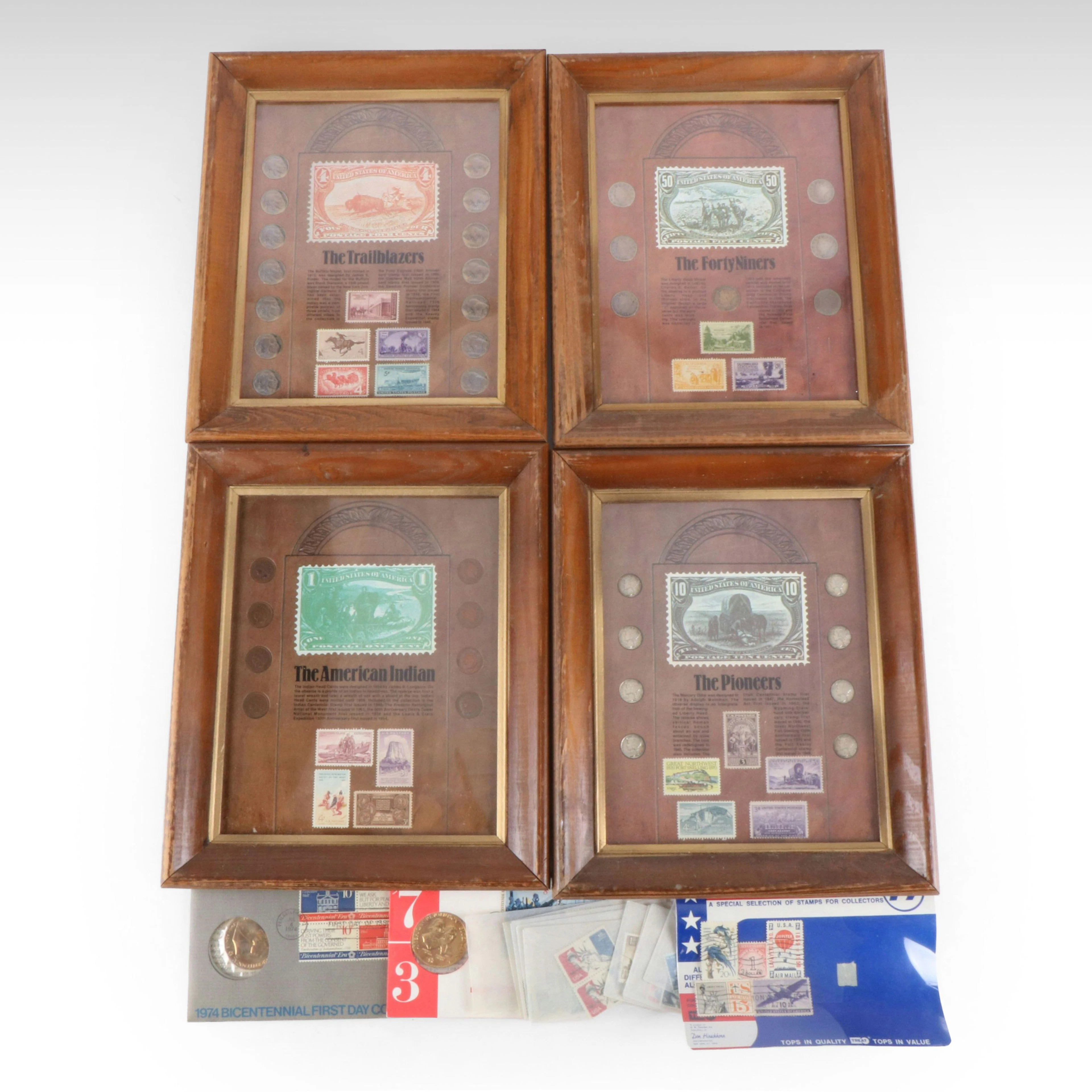 Four Framed Coin and Stamp Sets, Bicentennial Covers, and More