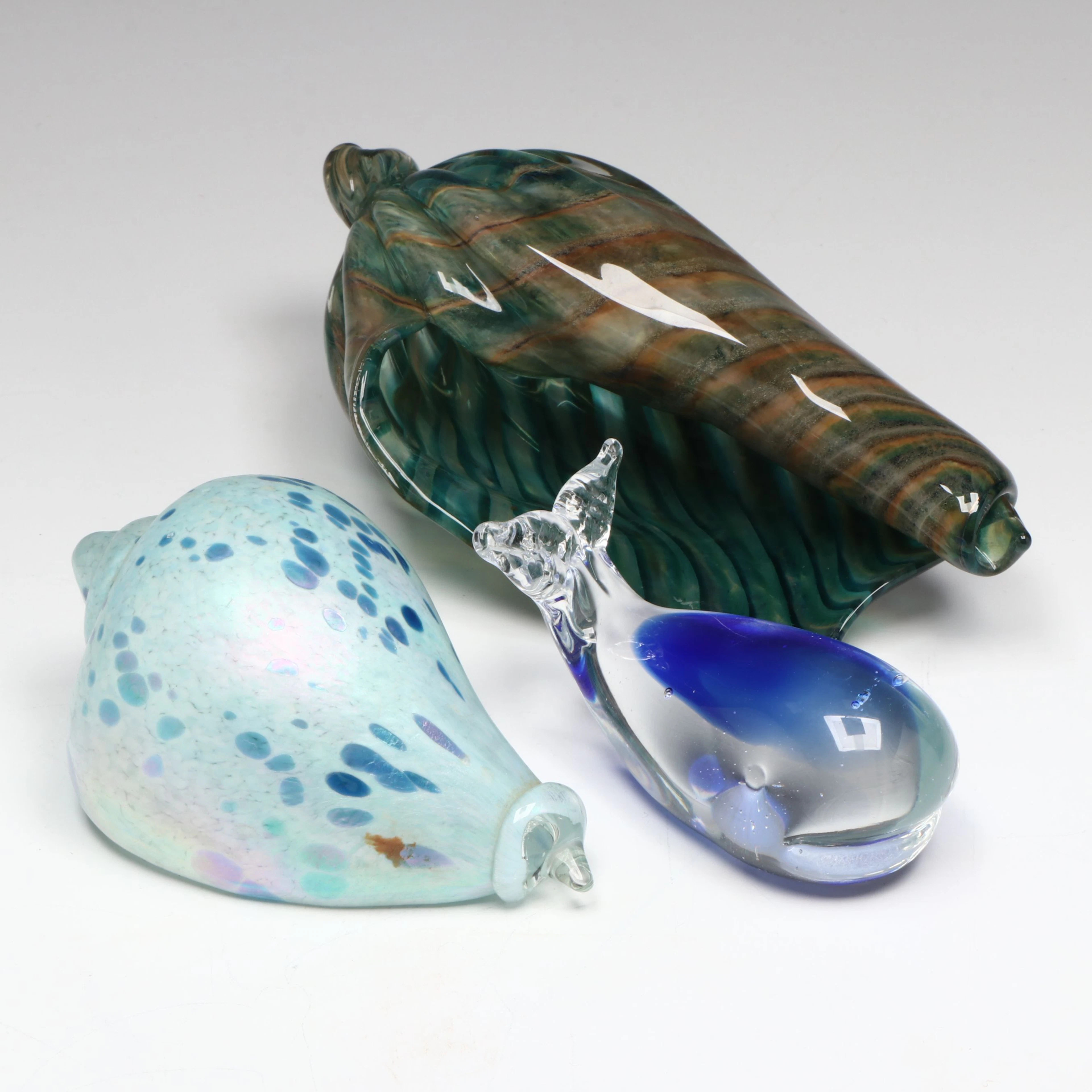 Handblown Conch Shell and Whale Glass Paperweights