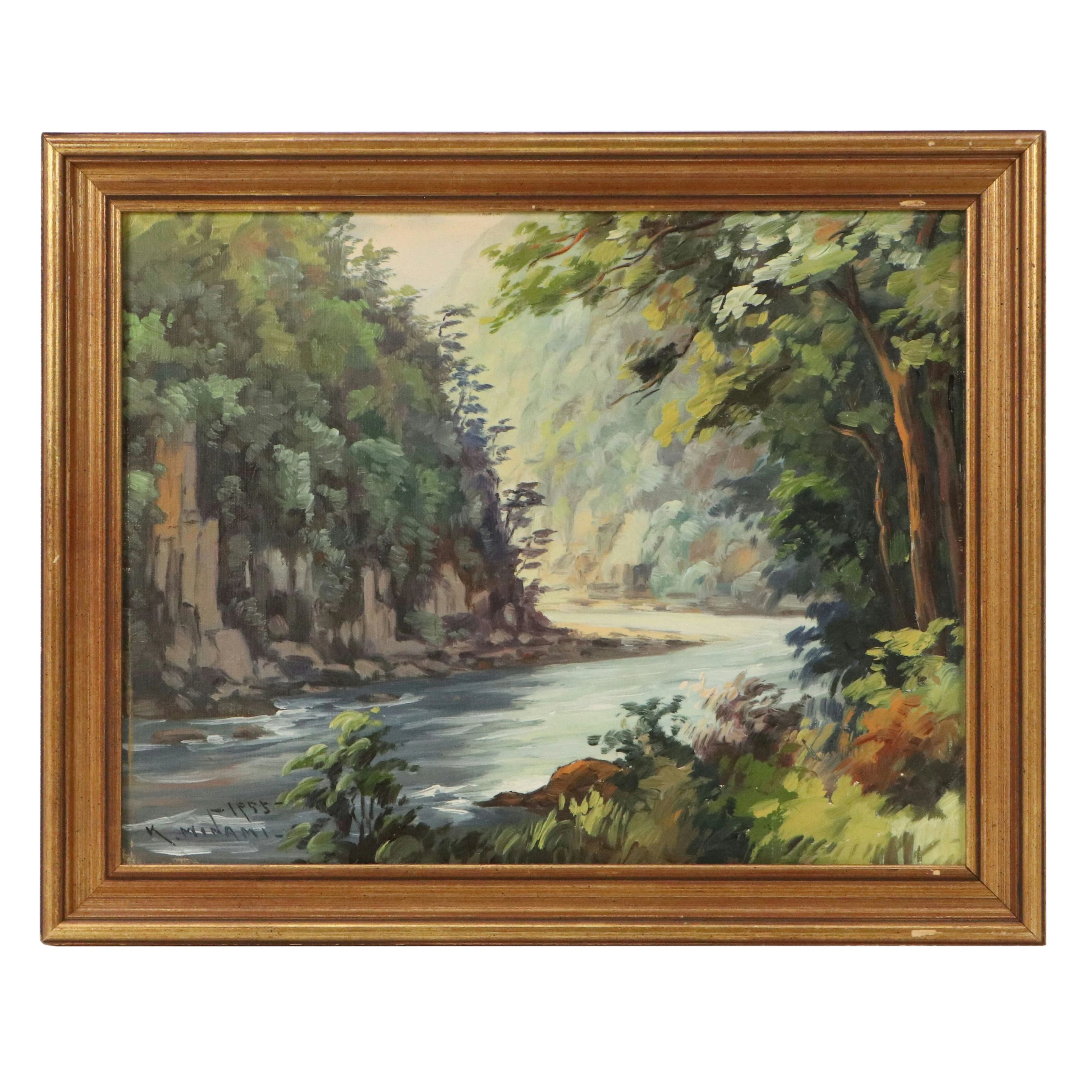 K. Minami Riverbend Landscape Oil Painting, 1955