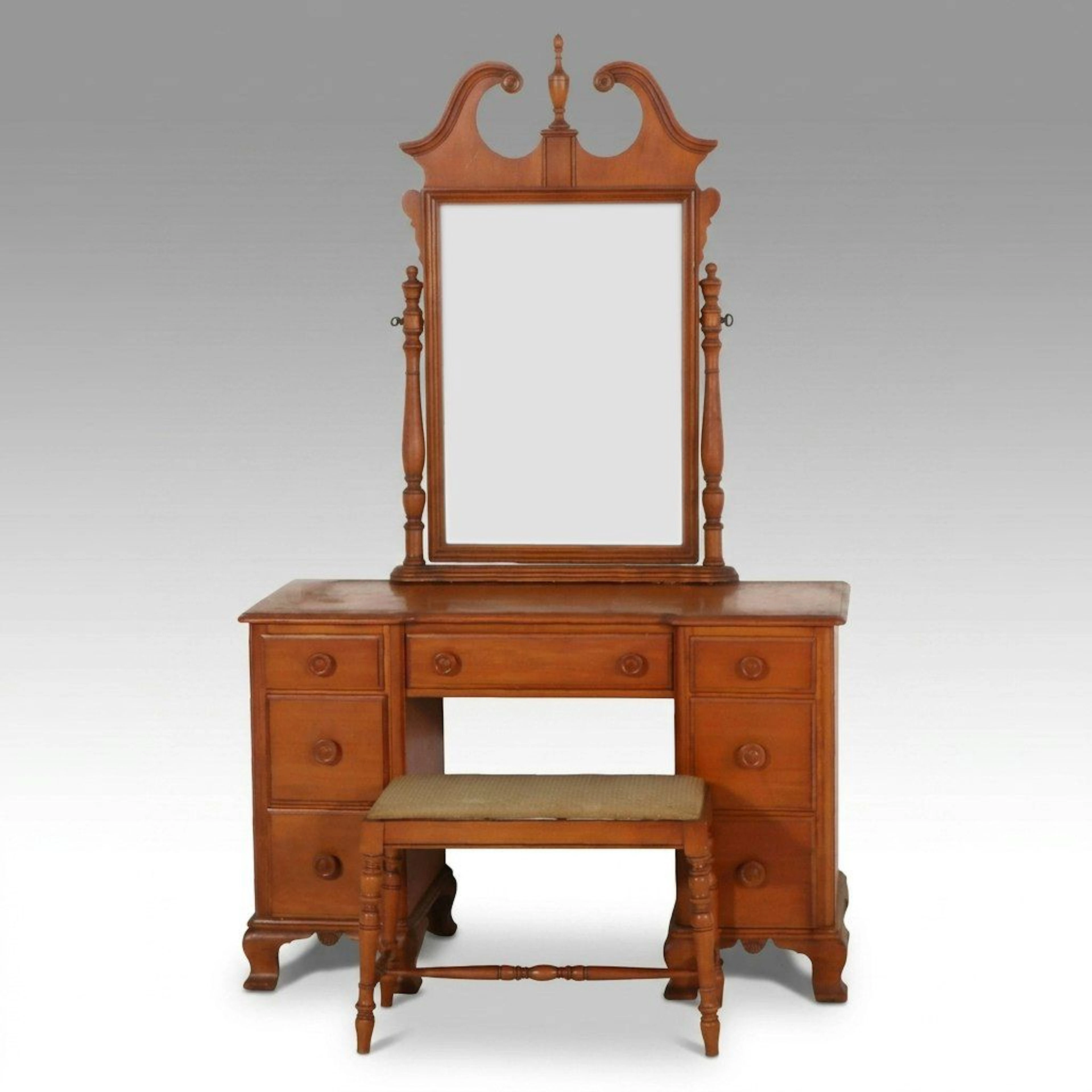 Colonial Revival Style Wood Vanity Dressing Table with Mirror and Bench