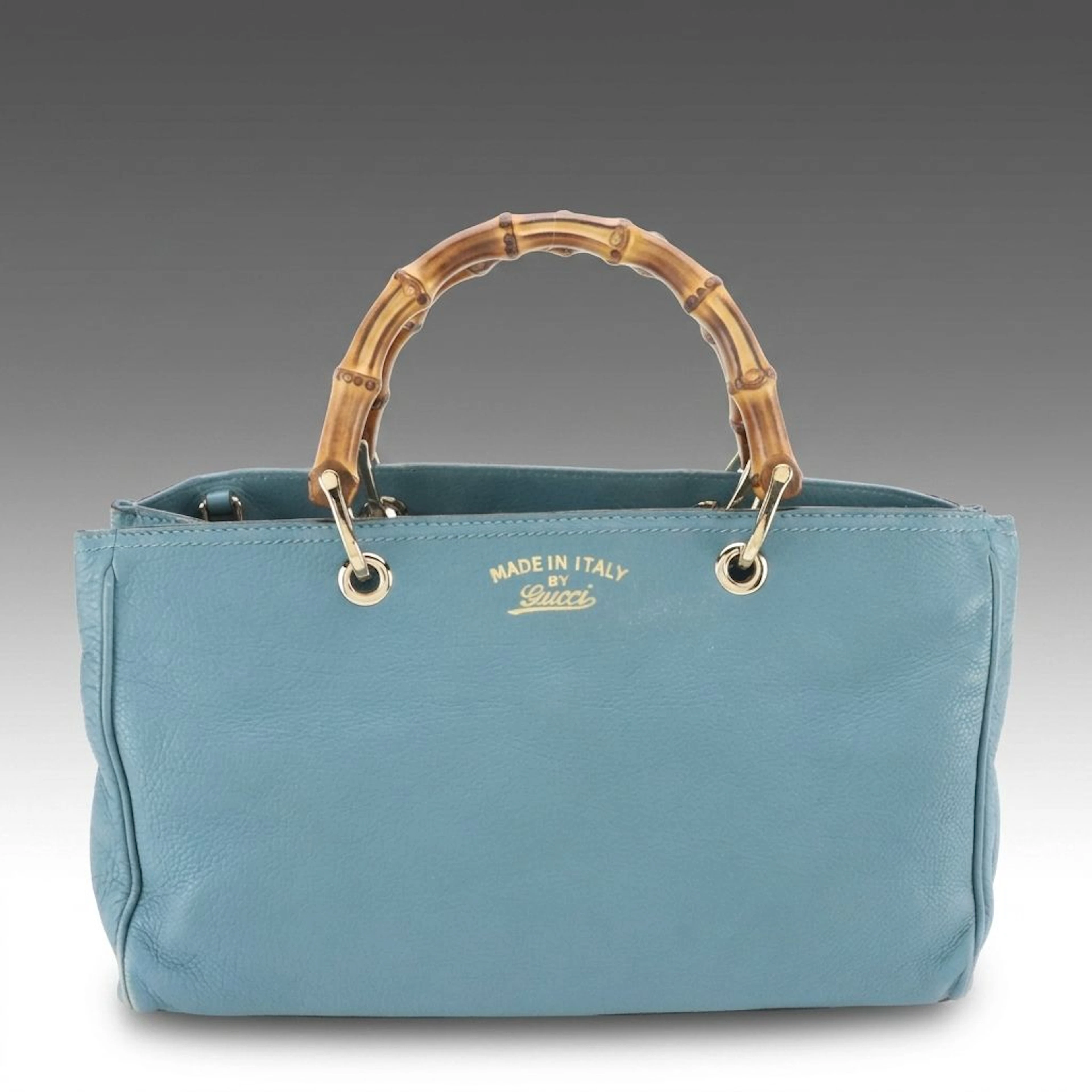Gucci Large Bamboo Handle Two-Way Shopper Tote in Teal Grained Calfskin Leather