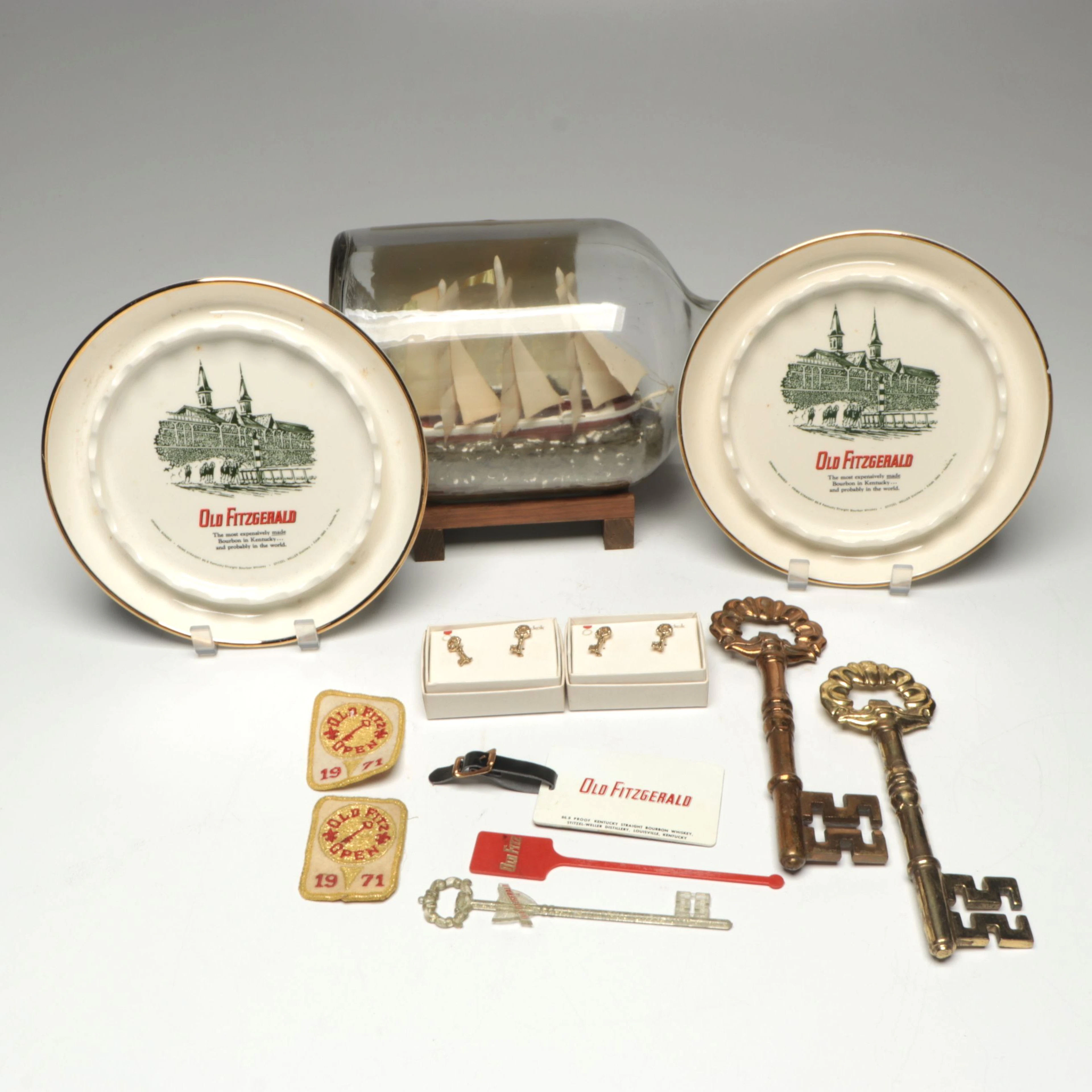 Old Fitzgerald Ashtrays, Ship Model Bottle, Patches and More